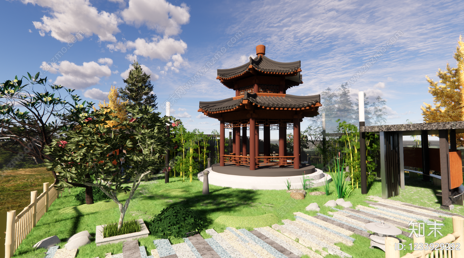 新中式景观亭子SU模型下载【ID:1233929292】