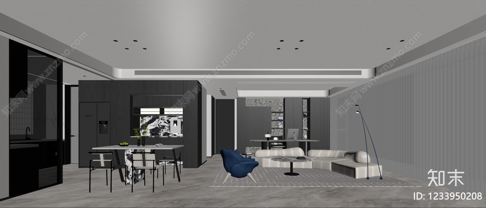 意式极简大平层客餐厅3D模型下载【ID:1233950208】