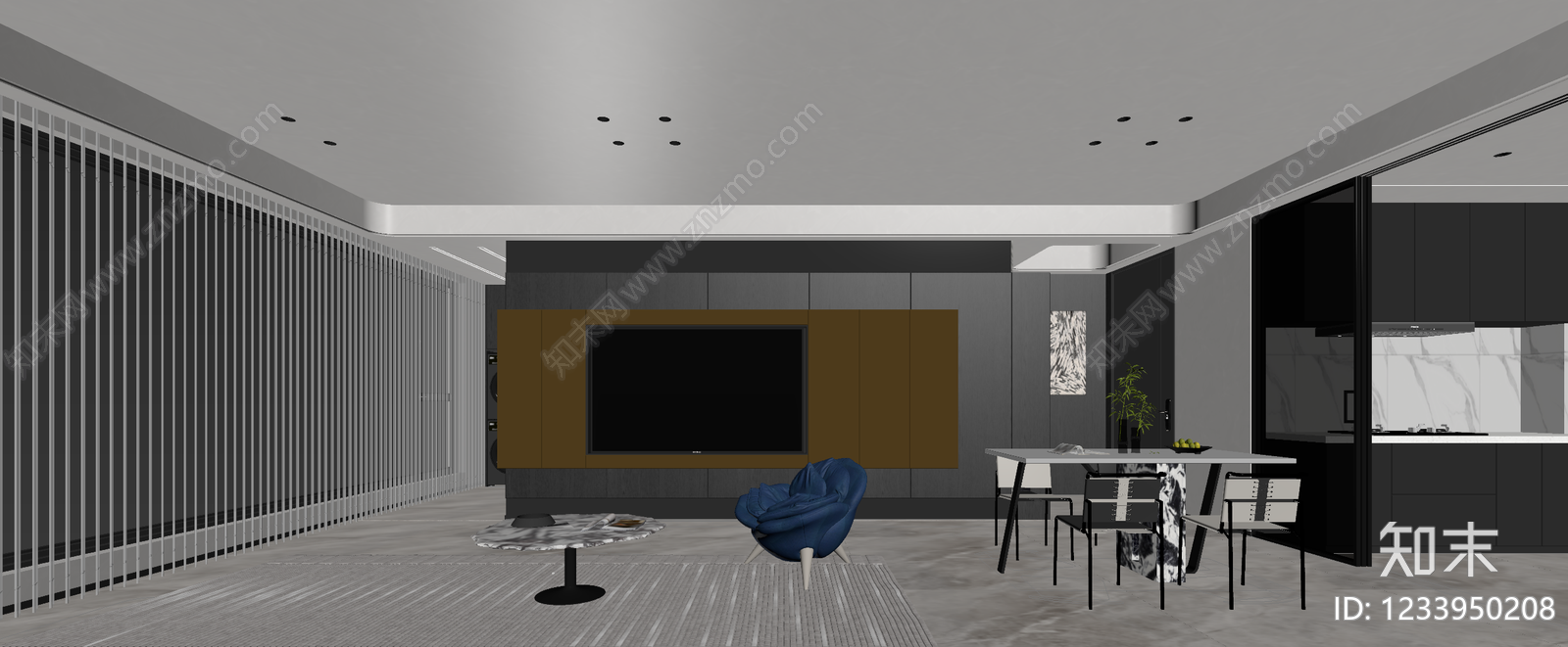 意式极简大平层客餐厅3D模型下载【ID:1233950208】