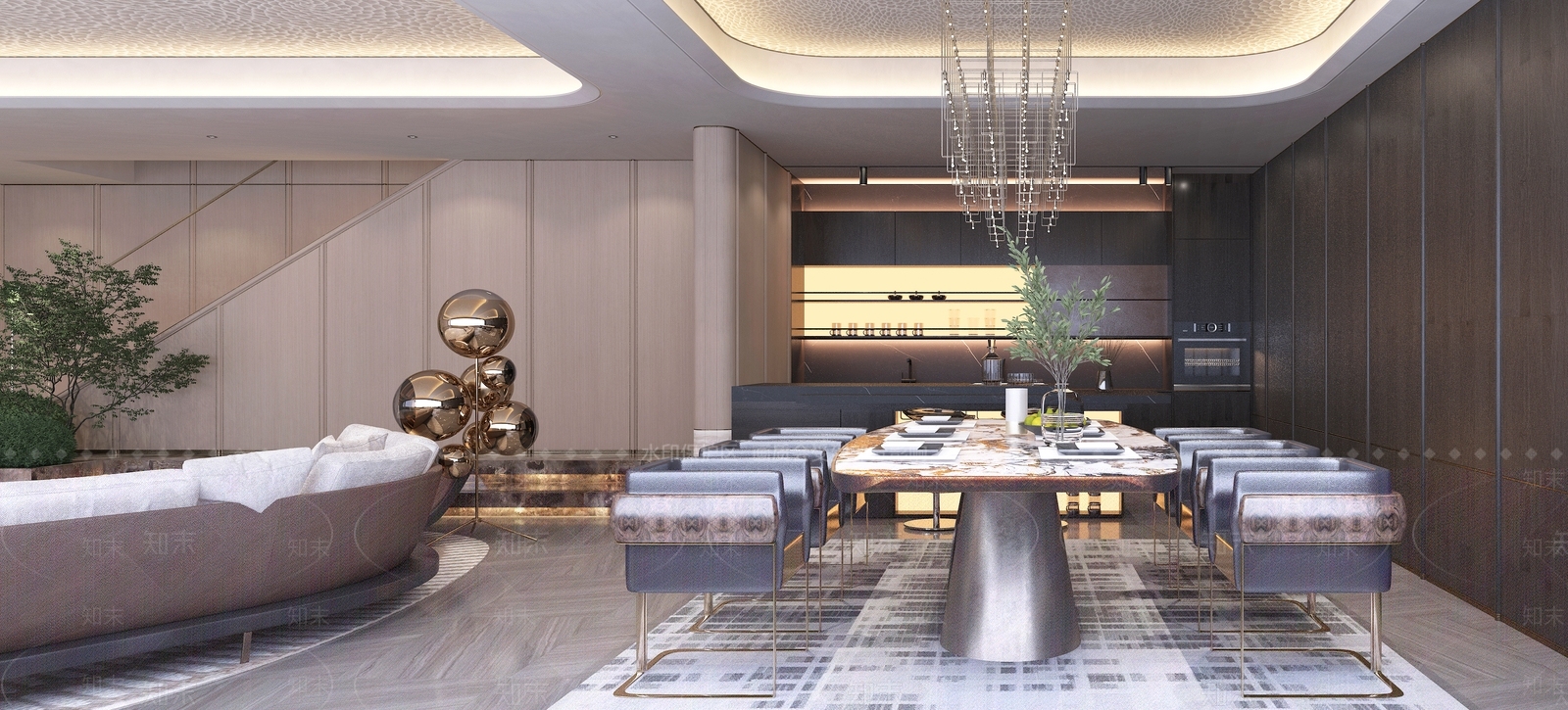 轻奢别墅客餐厅3D模型下载【ID:1233955105】