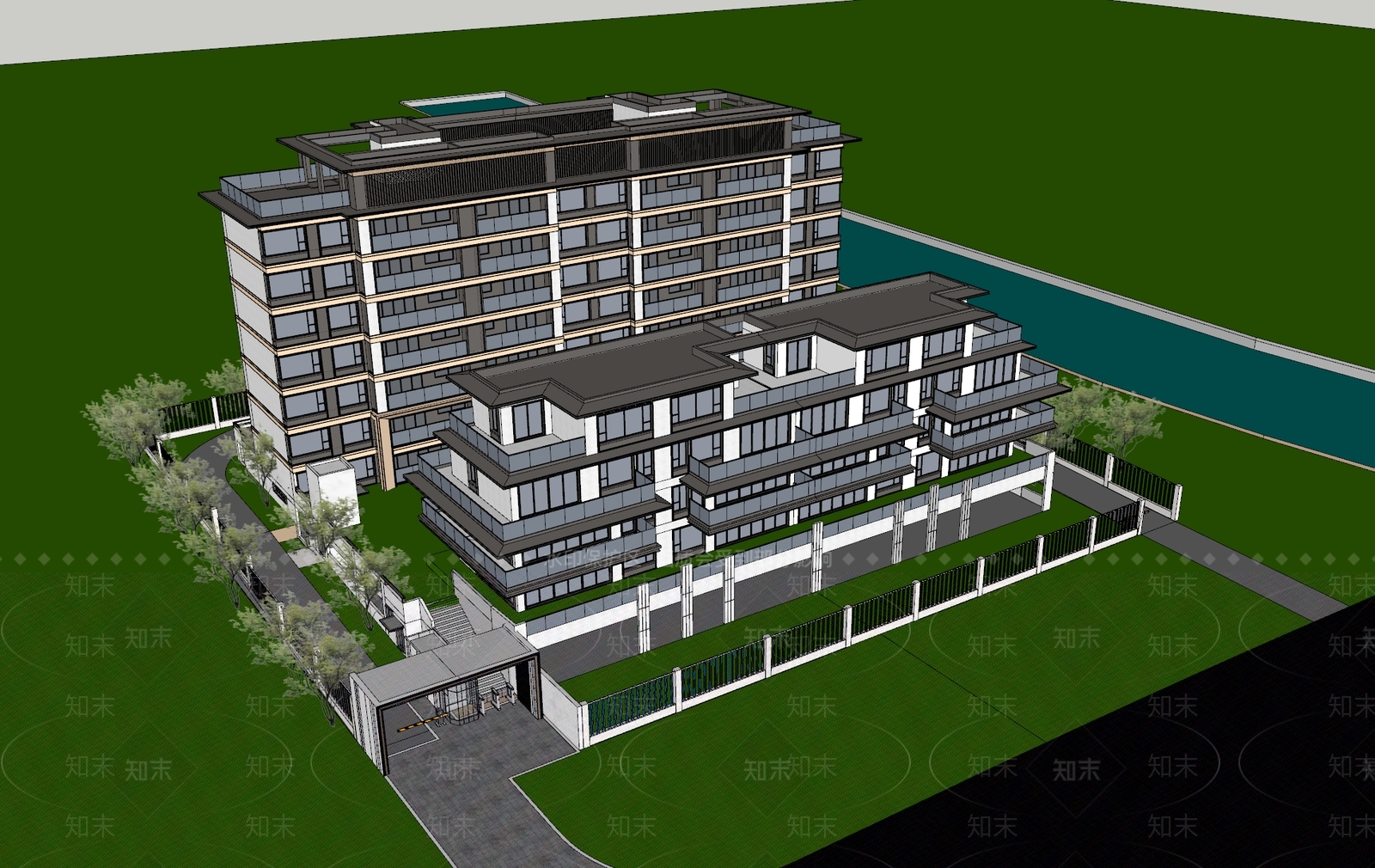 新中式小区建筑SU模型下载【ID:1233966024】