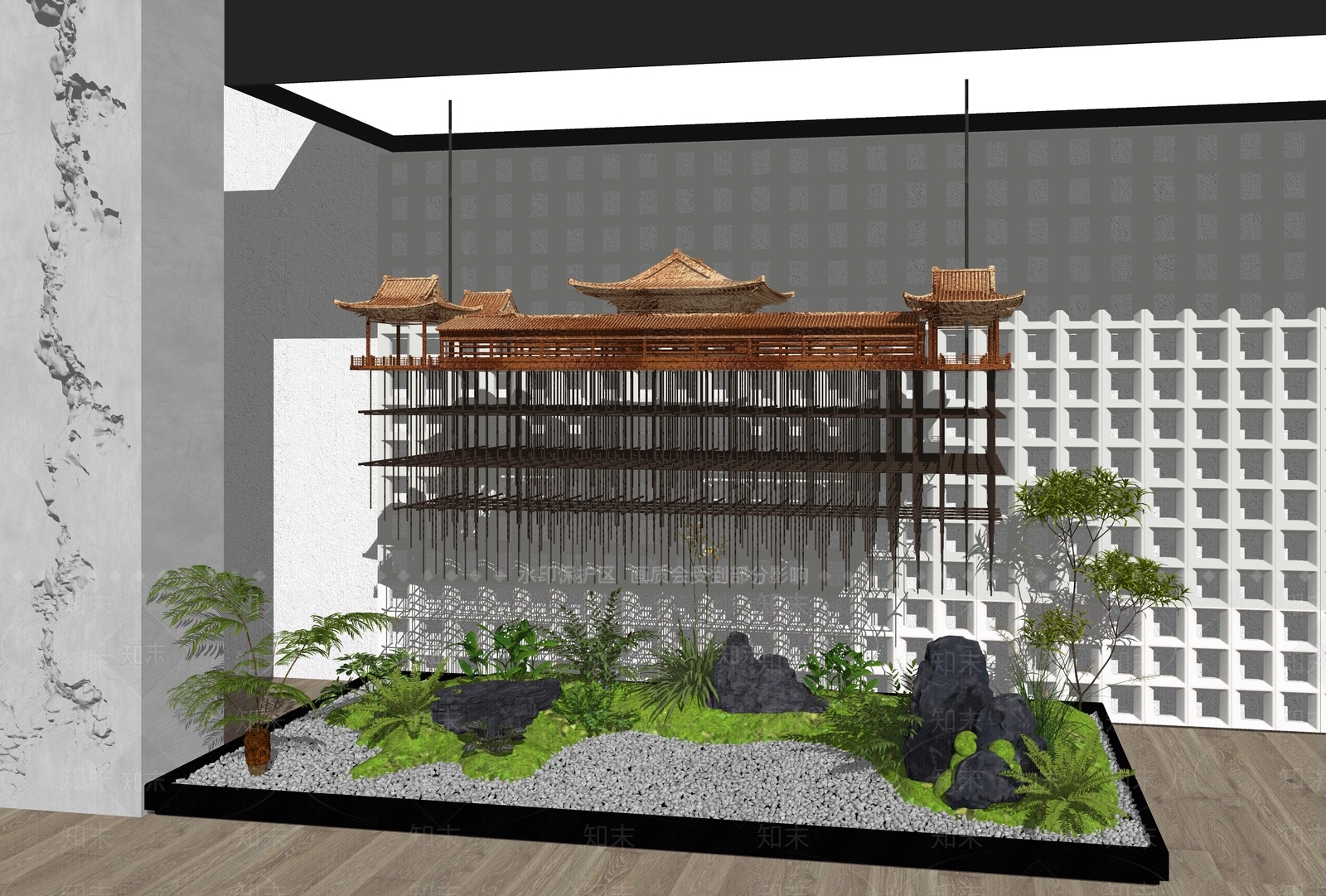 新中式室内景观SU模型下载【ID:1233969185】
