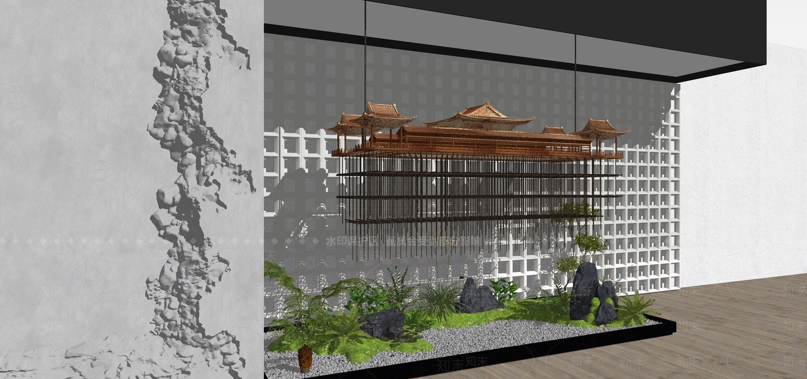新中式室内景观SU模型下载【ID:1233969185】