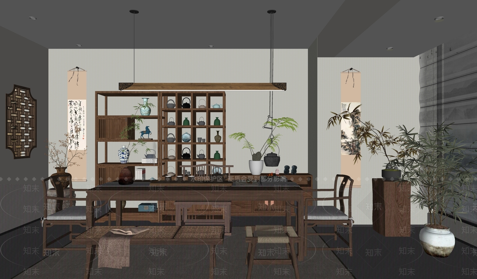 新中式茶室SU模型下载【ID:1233998990】