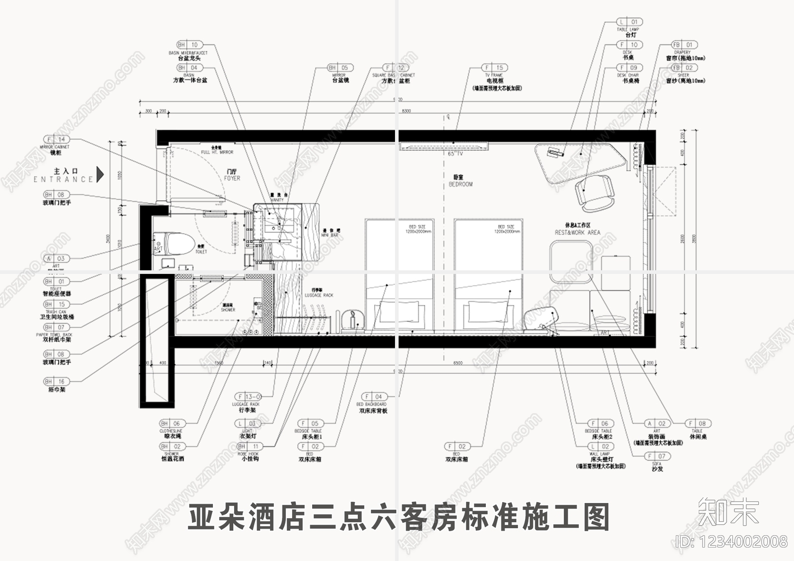 酒店客房cad施工图下载【ID:1234002008】