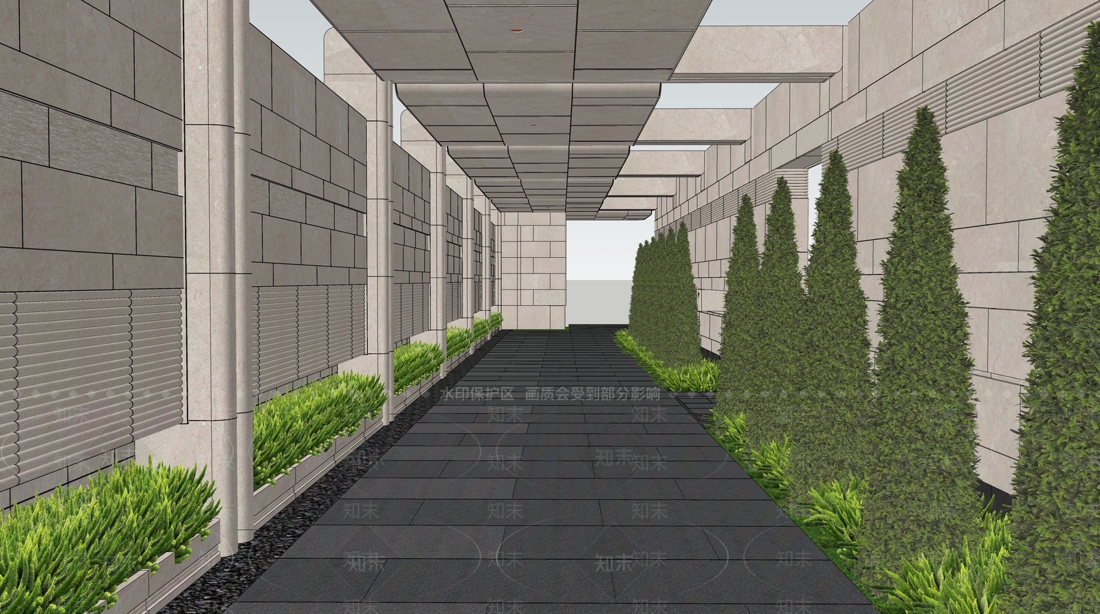 现代主义景观廊道SU模型下载【ID:1234022747】
