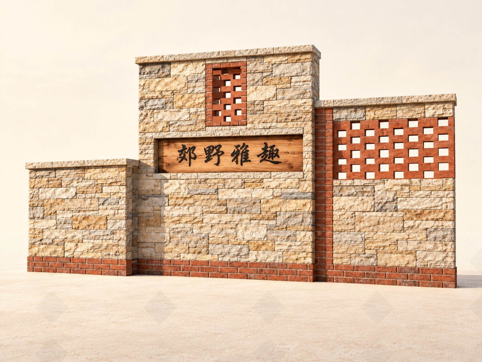 新中式景观景墙SU模型下载【ID:1234030124】