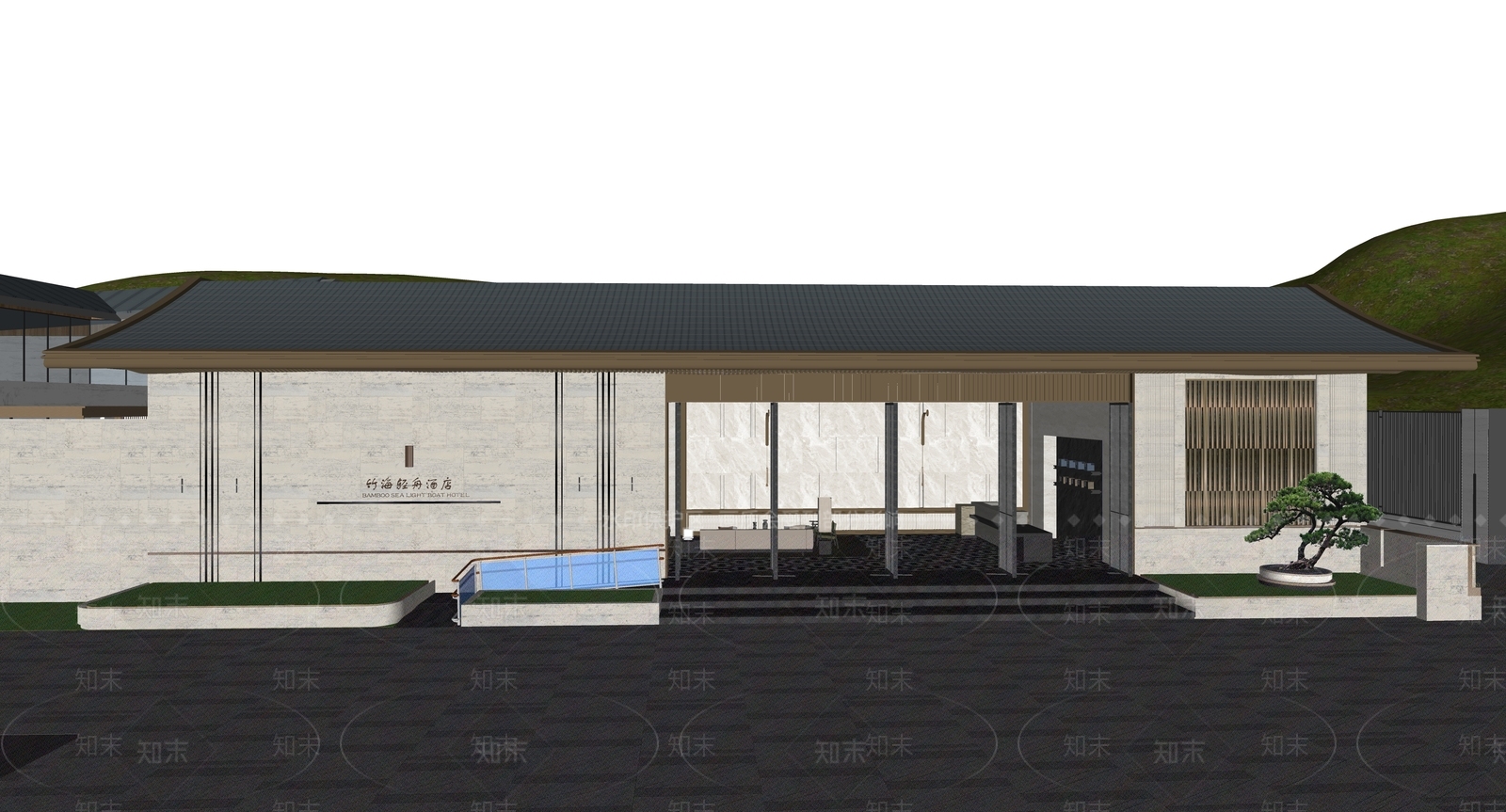 新中式酒店建筑SU模型下载【ID:1234032443】