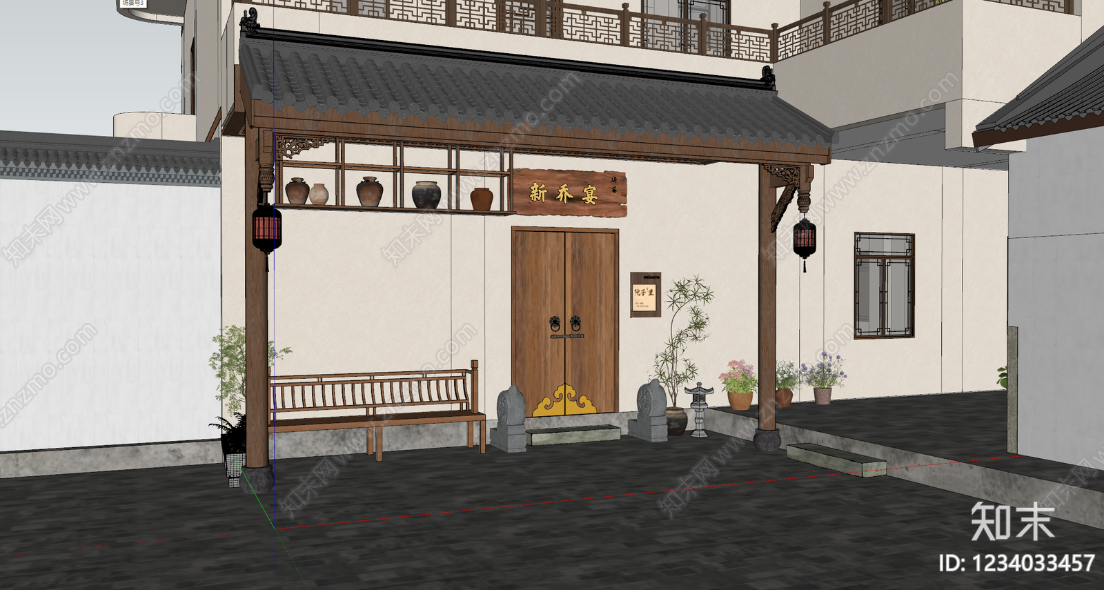 新中式门头SU模型下载【ID:1234033457】