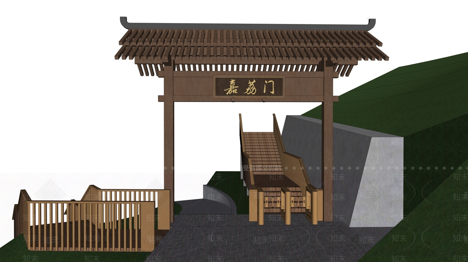新中式景观入口大门SU模型下载【ID:1234033887】