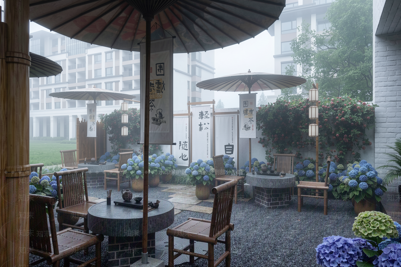 新中式景观别墅庭院SU模型下载【ID:1234042525】