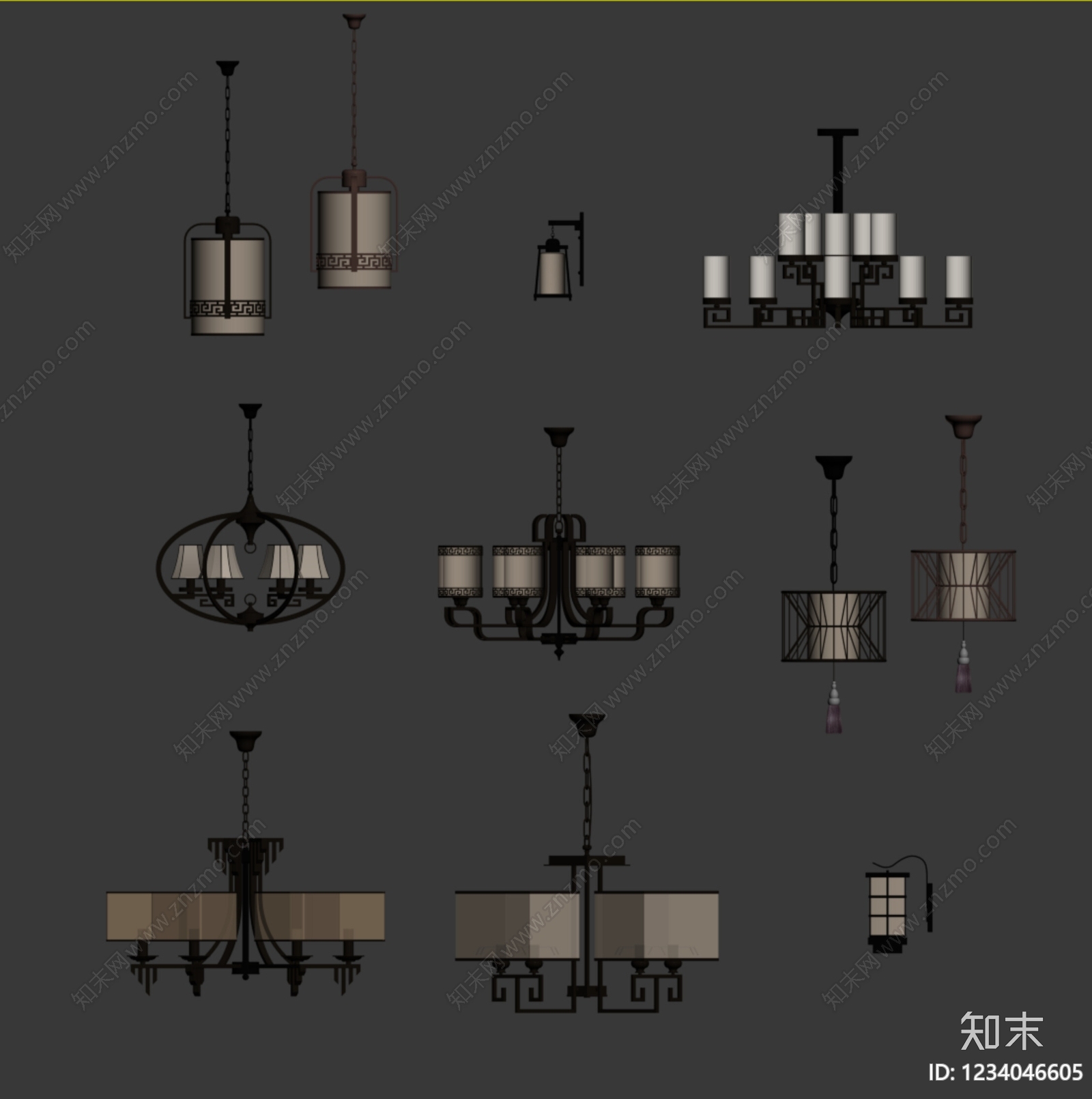 新中式灯具组合3D模型下载【ID:1234046605】