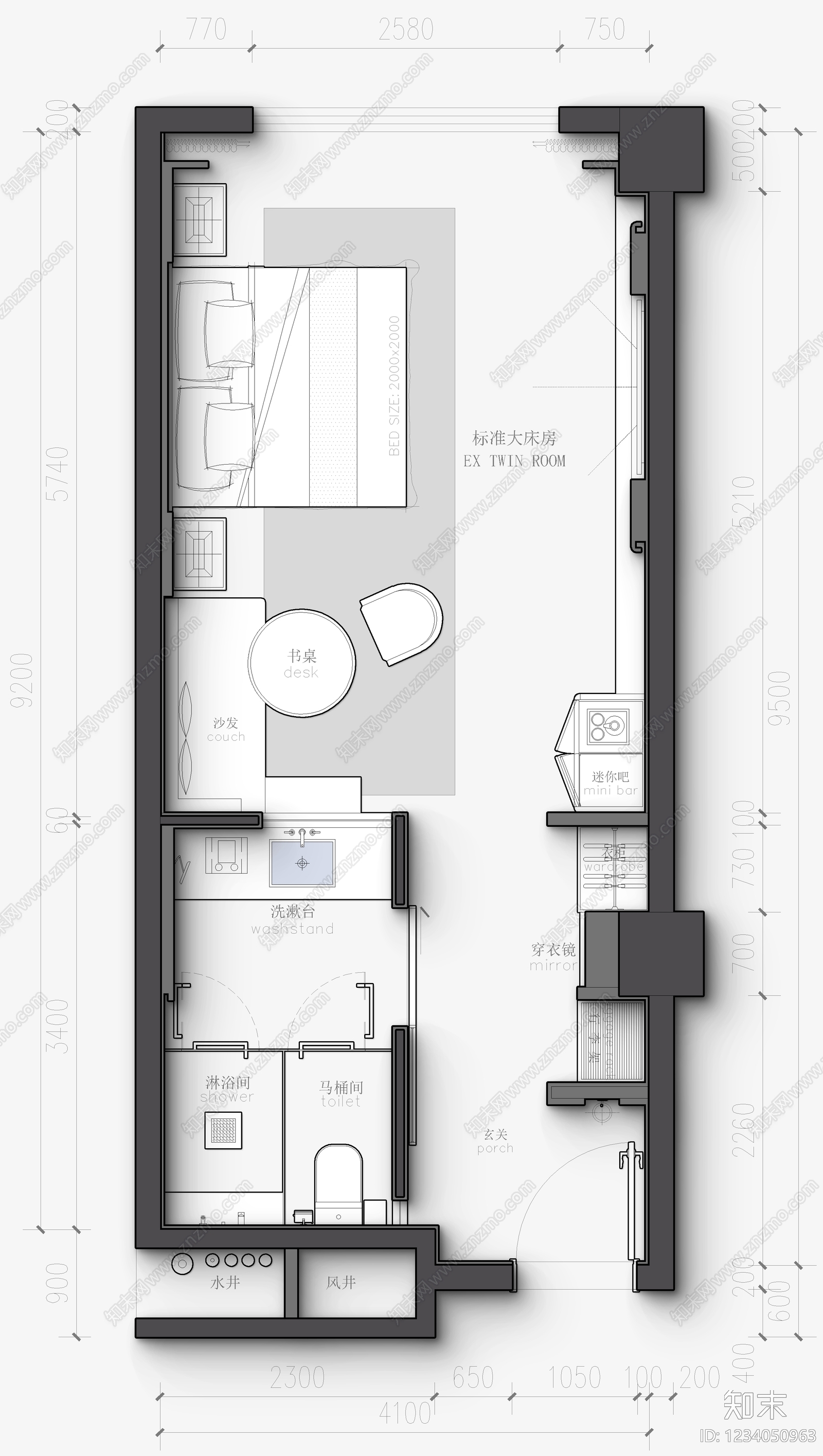 酒店客房cad施工图下载【ID:1234050963】