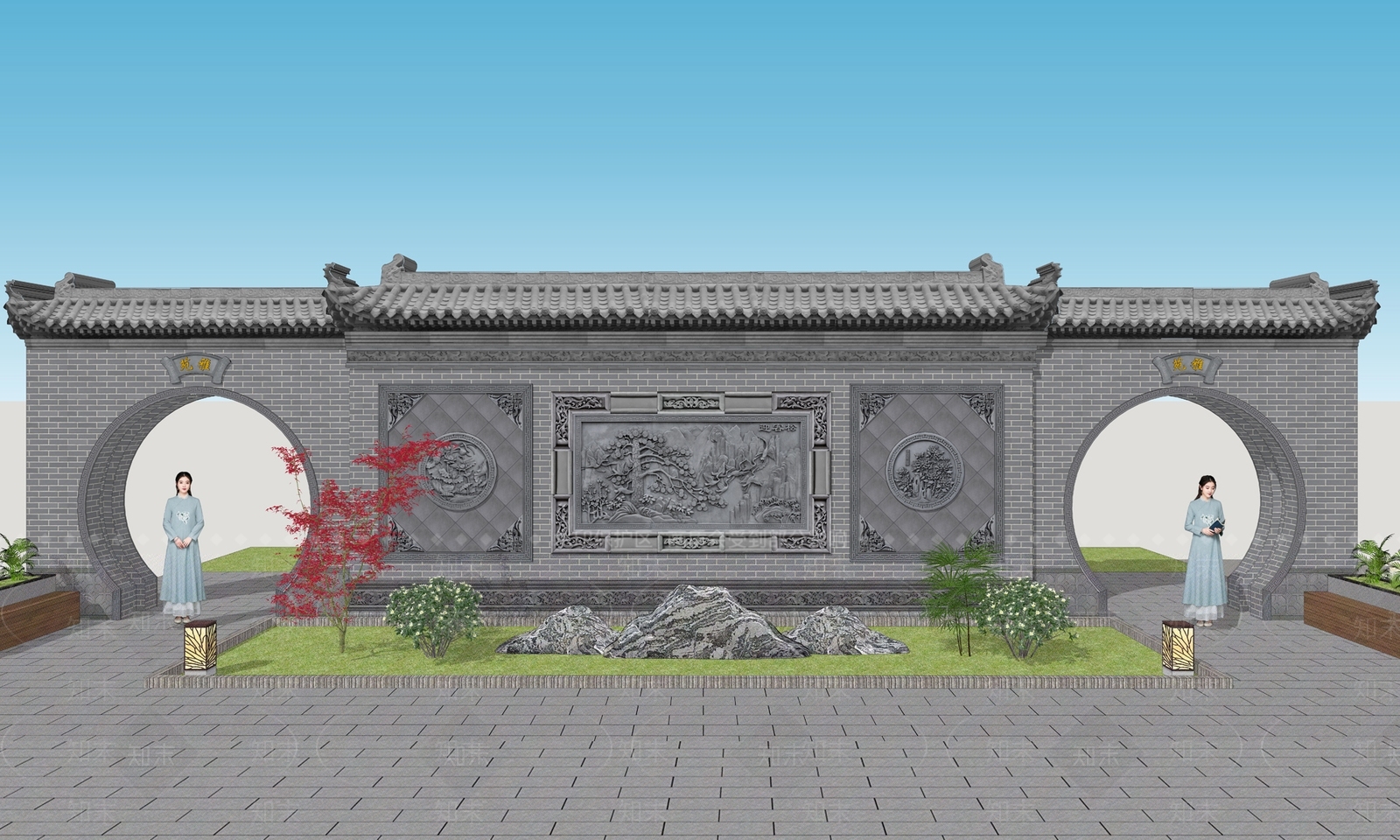 中式古建景墙SU模型下载【ID:1234051599】