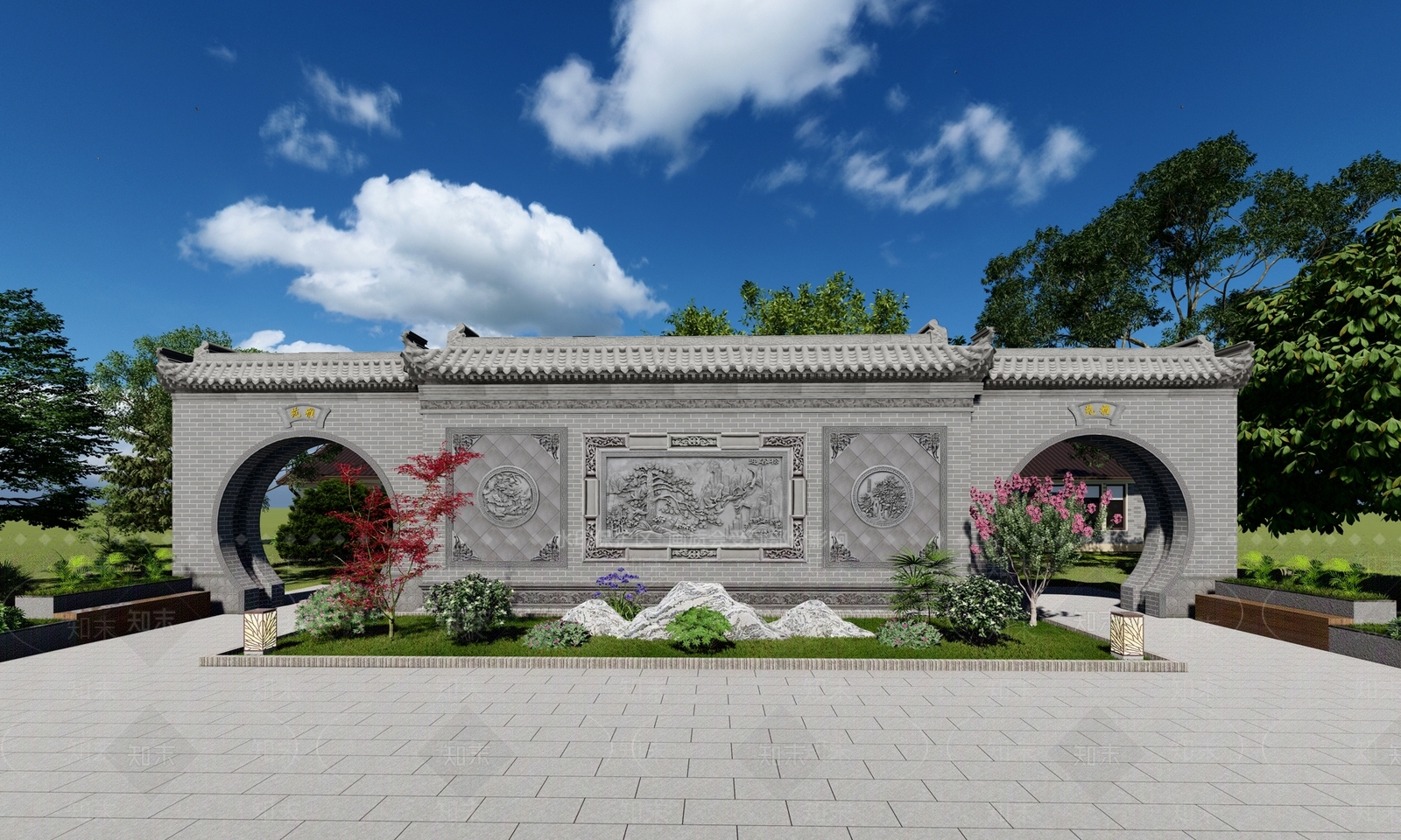 中式古建景墙SU模型下载【ID:1234051599】