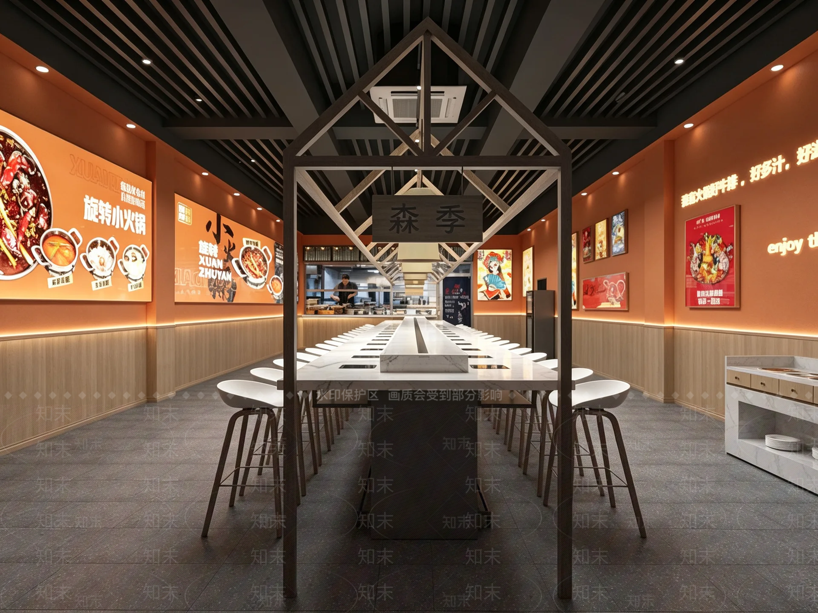 现代火锅店3D模型渲染效果图