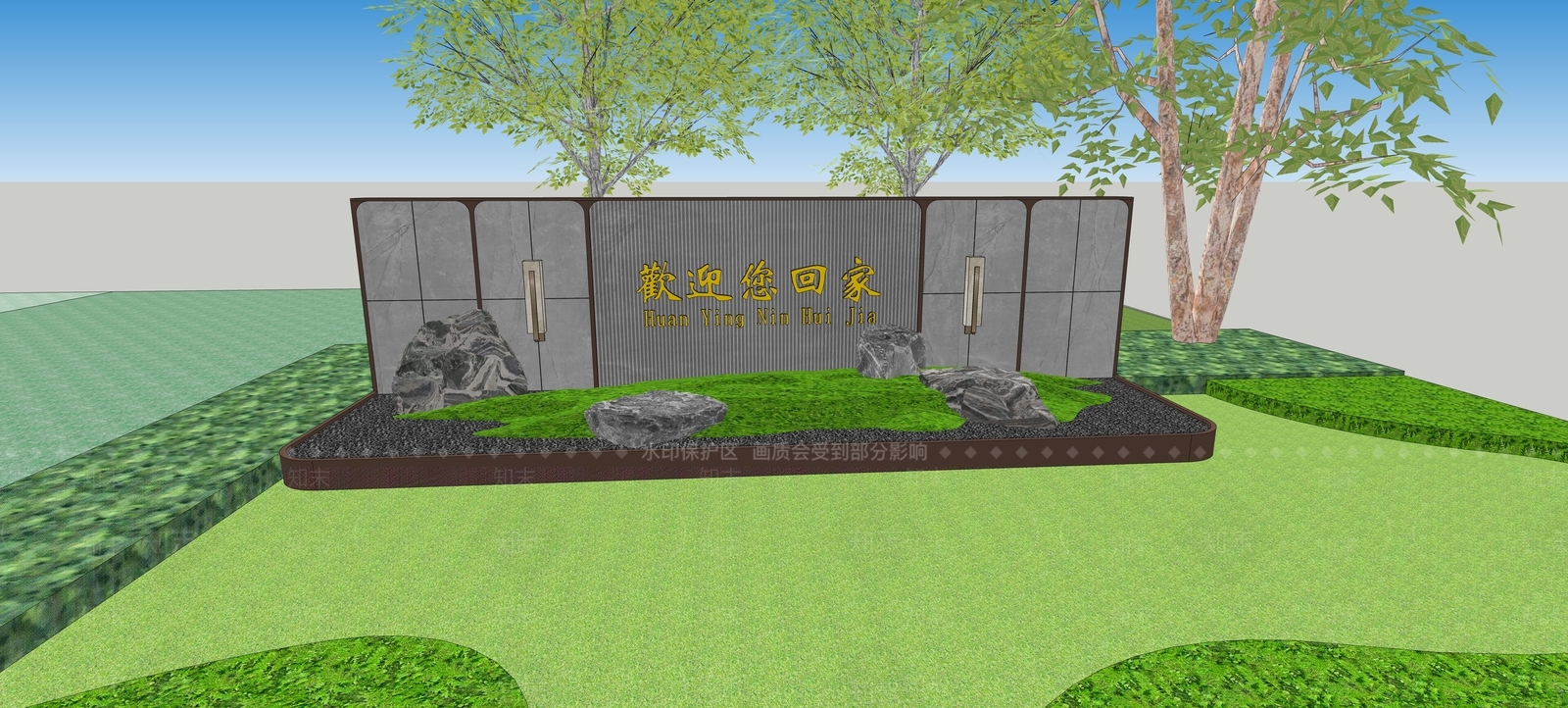 新中式景观景墙SU模型下载【ID:1234058791】