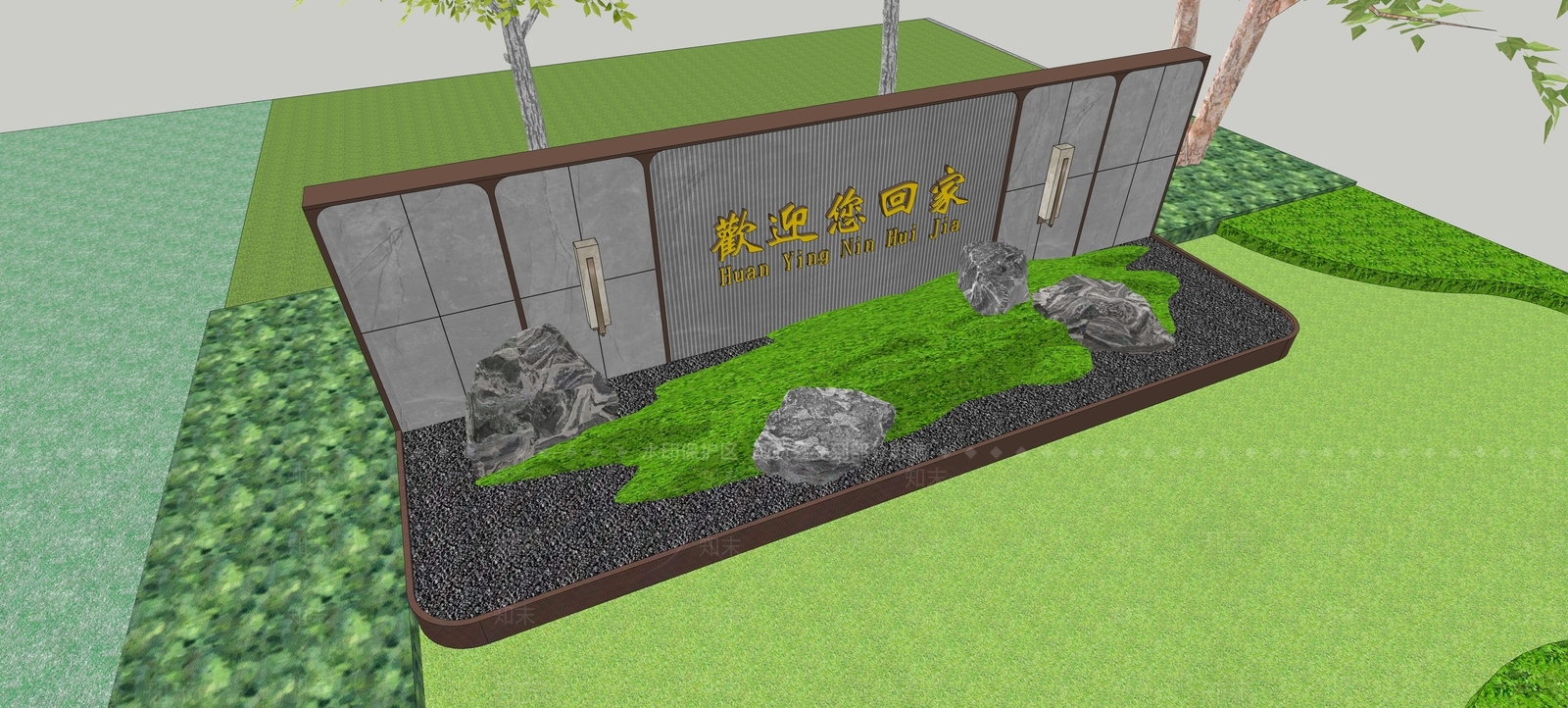 新中式景观景墙SU模型下载【ID:1234058791】