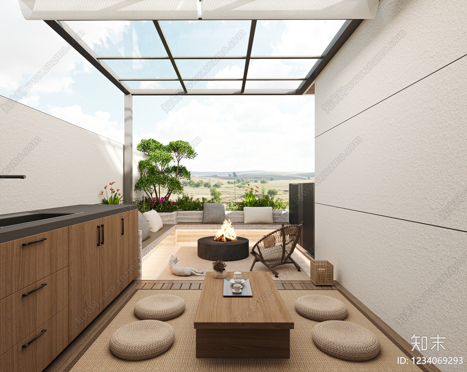 日式屋顶花园3D模型渲染效果图