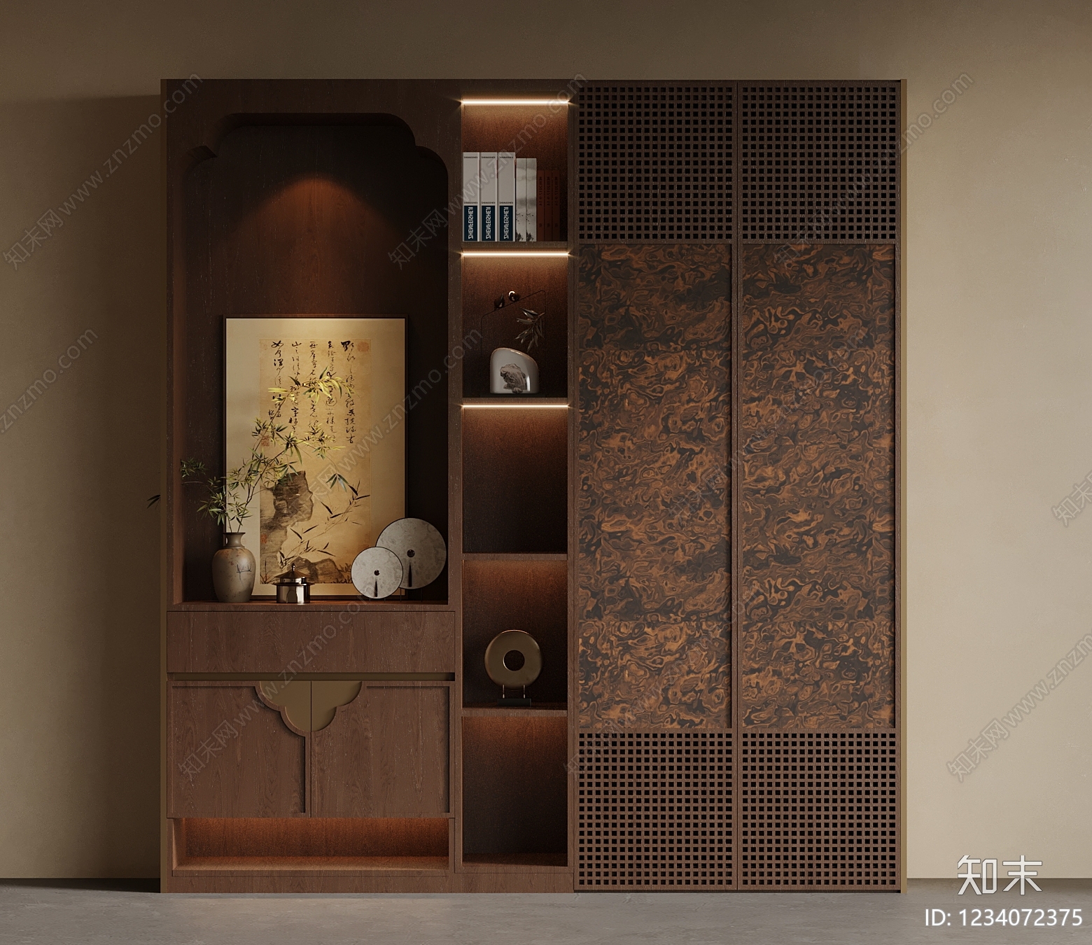 新中式书柜SU模型下载【ID:1234072375】