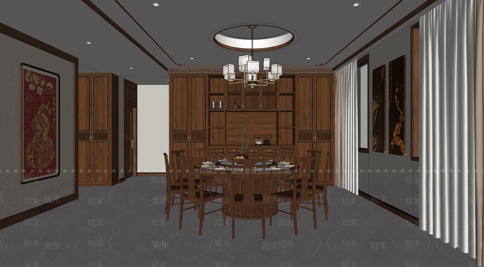 新中式别墅餐厅SU模型下载【ID:1234073059】