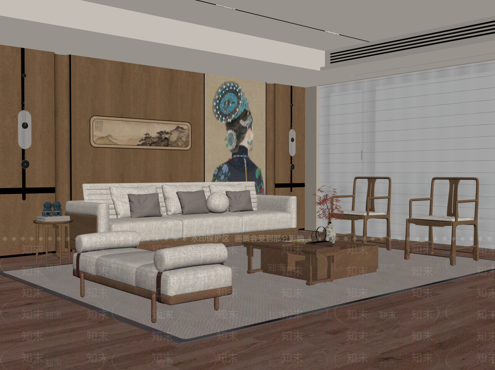 新中式家居客厅SU模型下载【ID:1234073217】