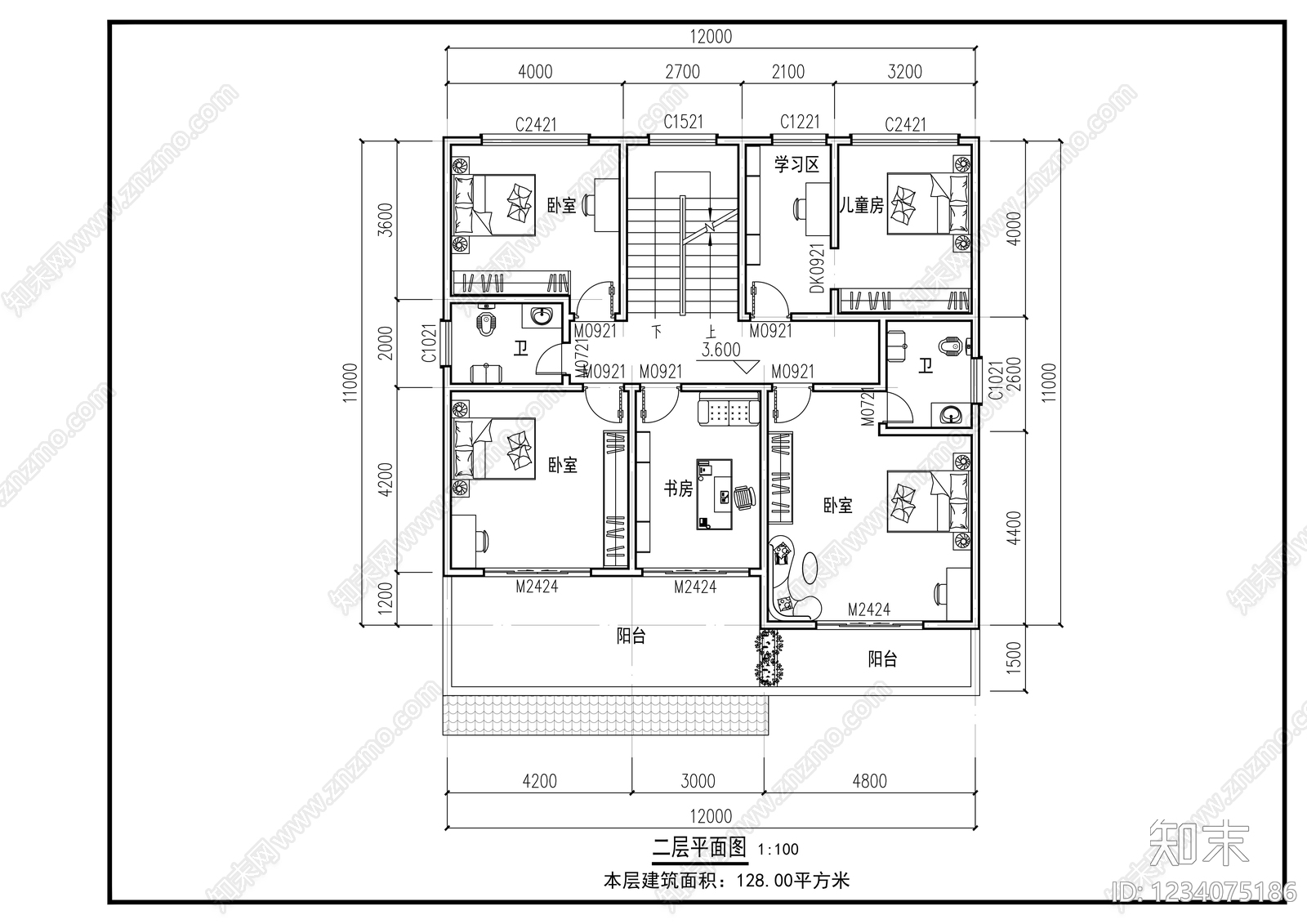 别墅建筑cad施工图下载【ID:1234075186】