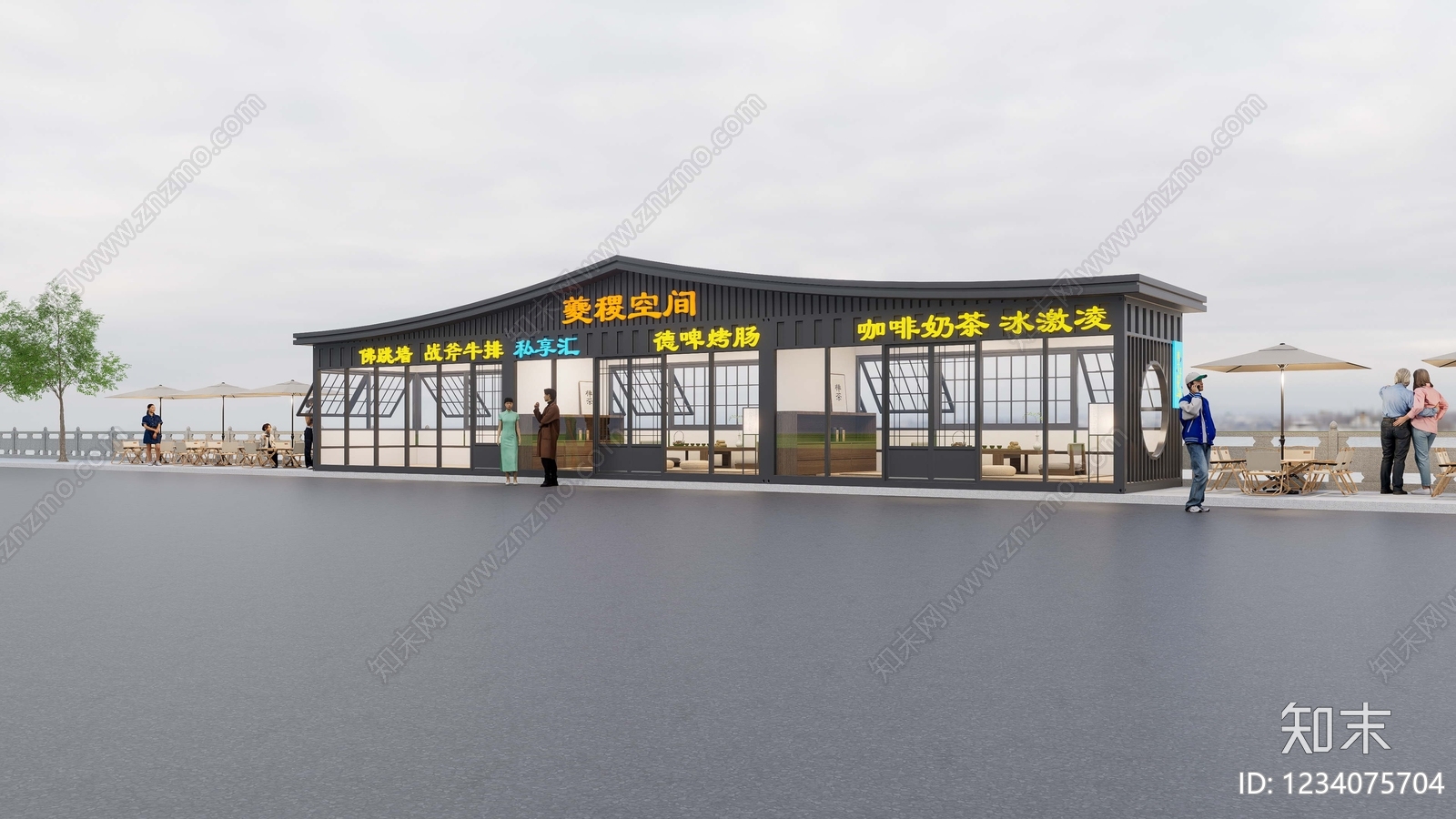 新中式餐饮建筑SU模型下载【ID:1234075704】