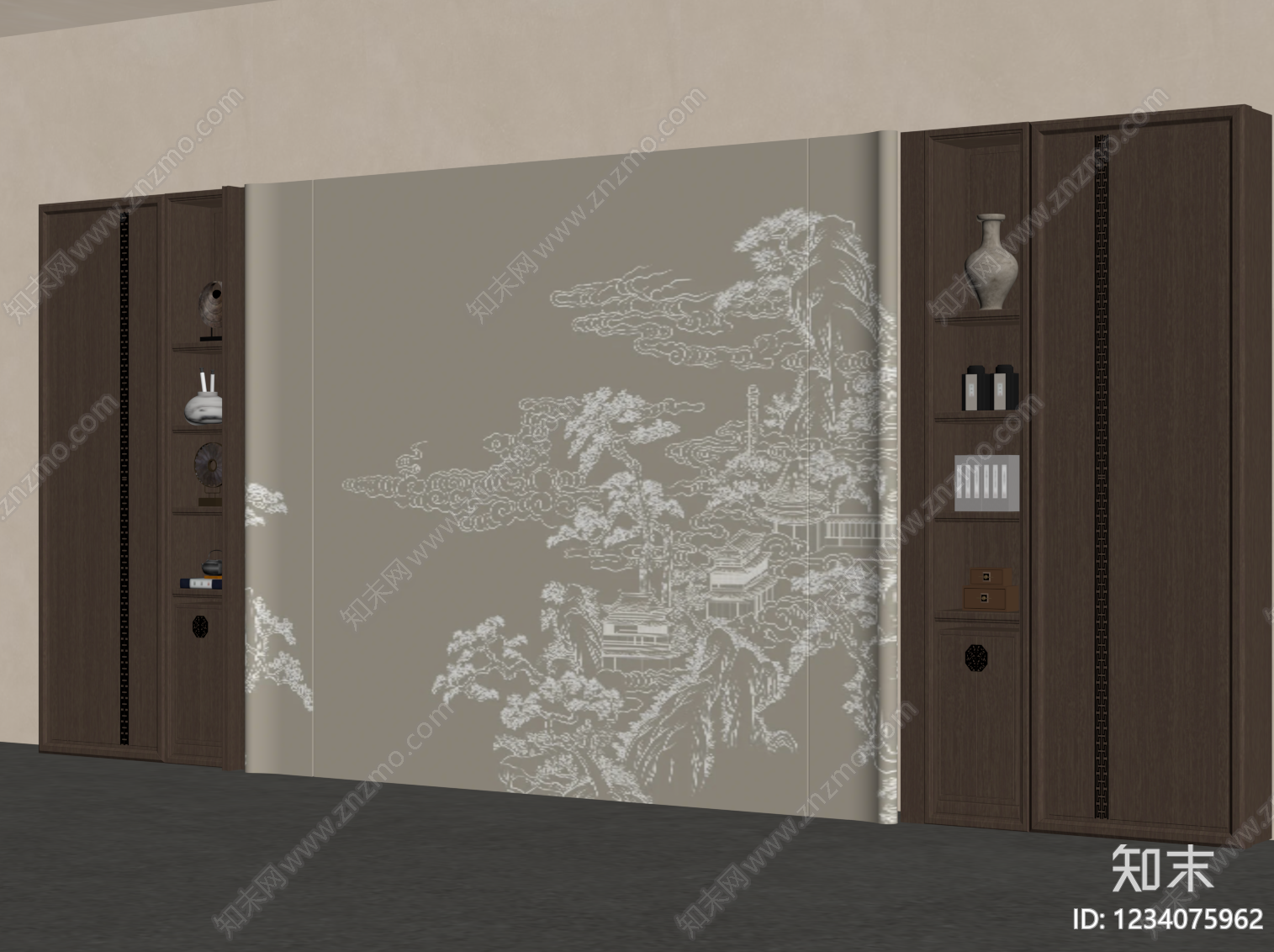 新中式沙发背景墙3D模型下载【ID:1234075962】
