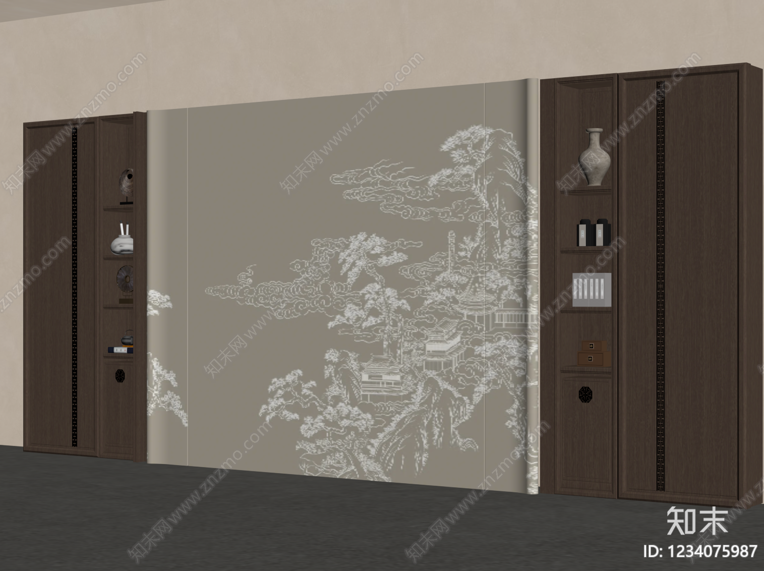 新中式背景墙SU模型下载【ID:1234075987】