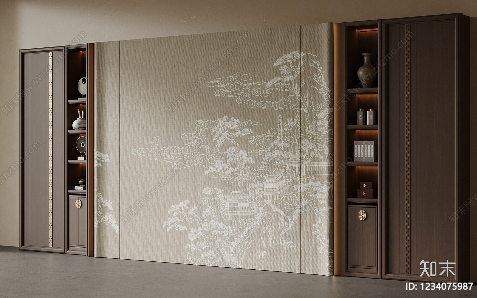 新中式背景墙SU模型下载【ID:1234075987】