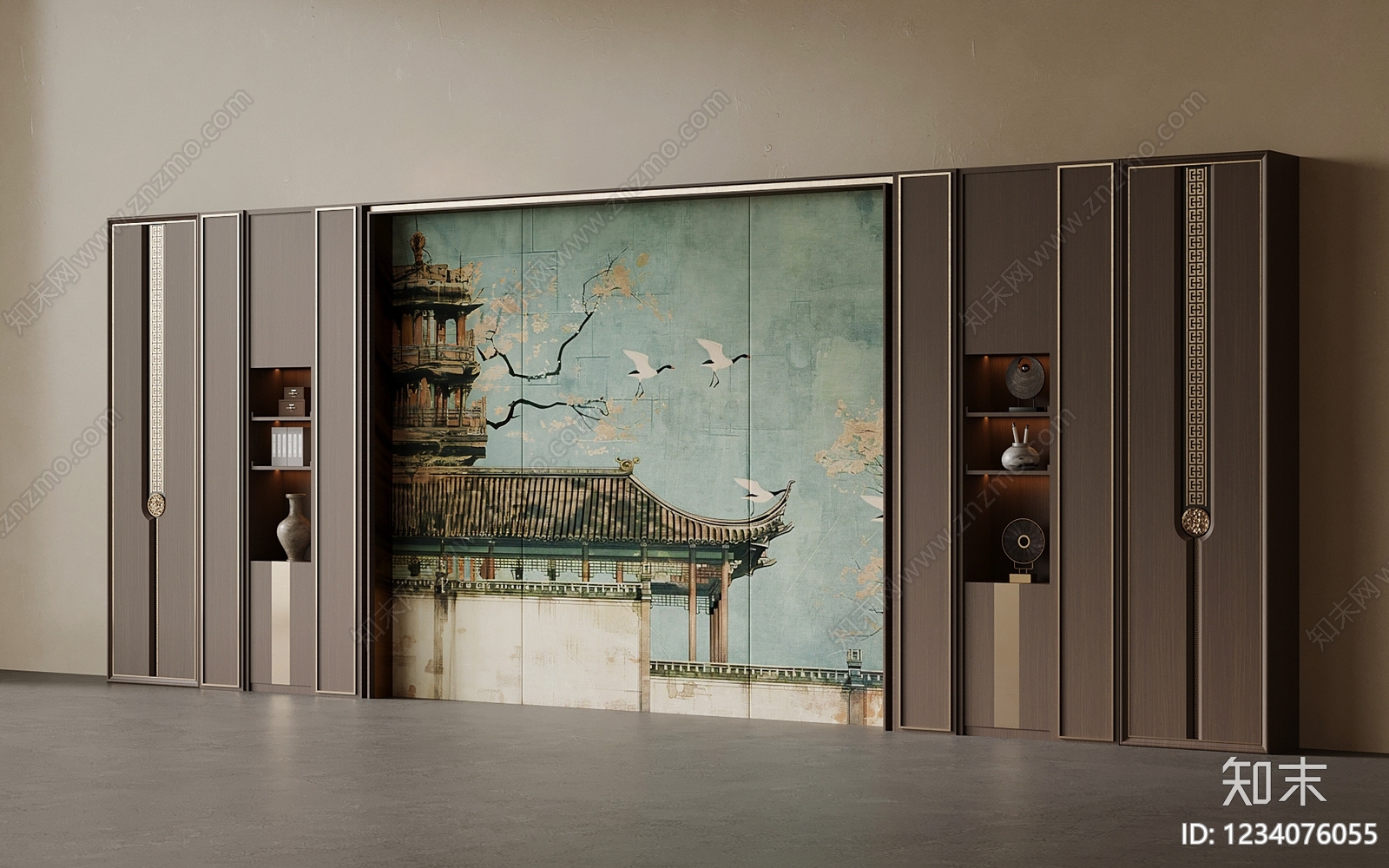 新中式沙发背景墙3D模型下载【ID:1234076055】
