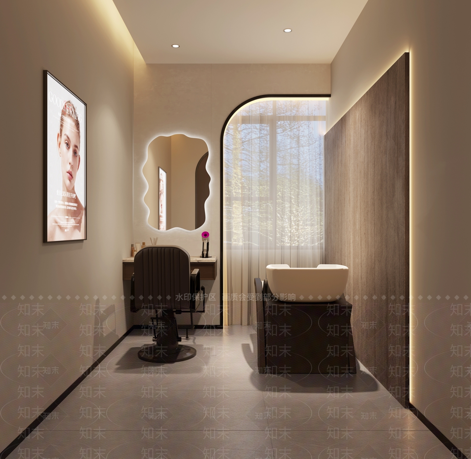 奶油风美发店3D模型渲染效果图
