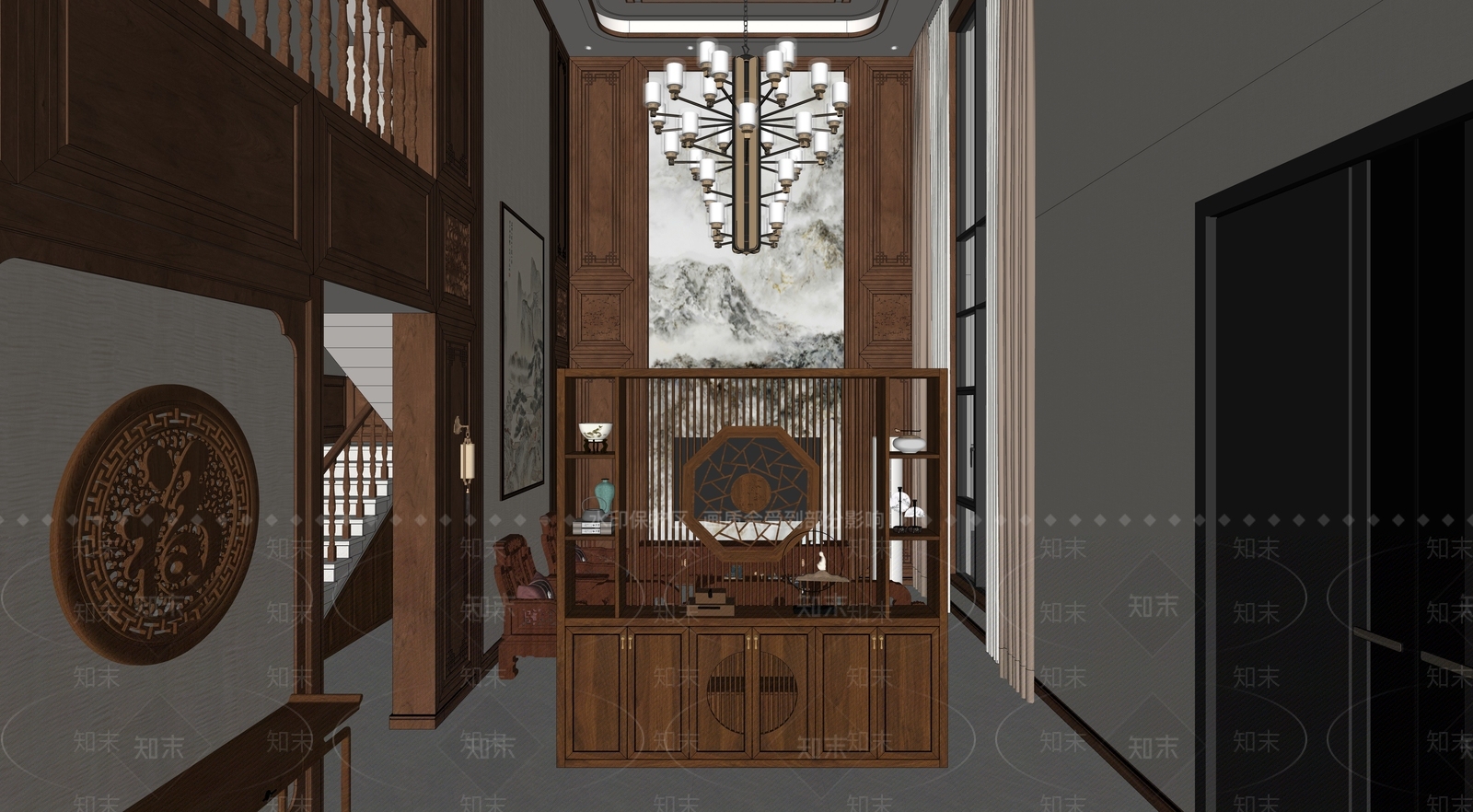 新中式挑空客厅SU模型下载【ID:1234090730】