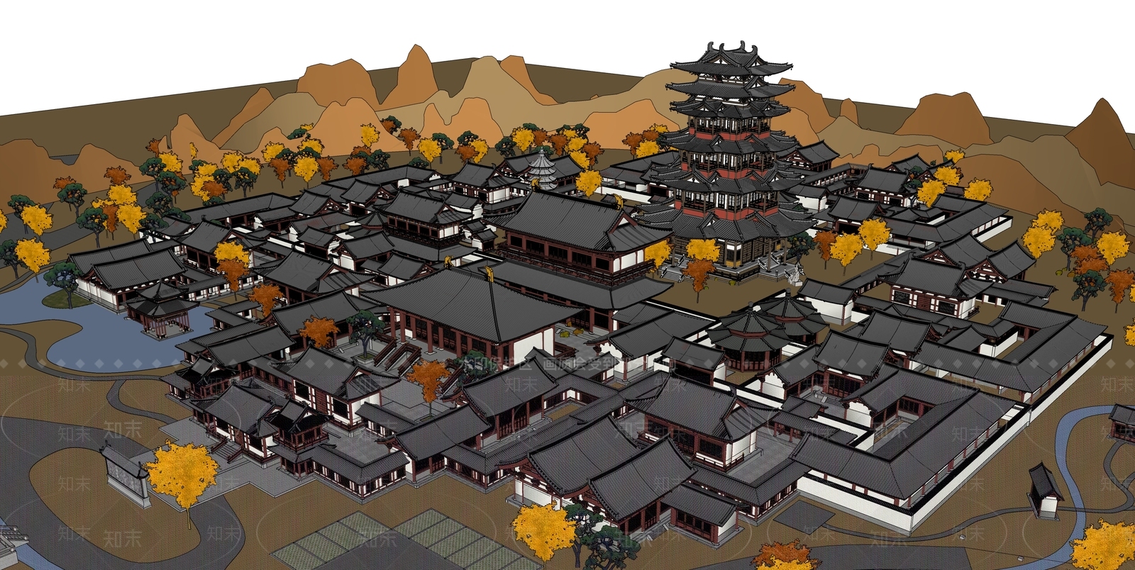 中式古建古建筑SU模型下载【ID:1234118948】