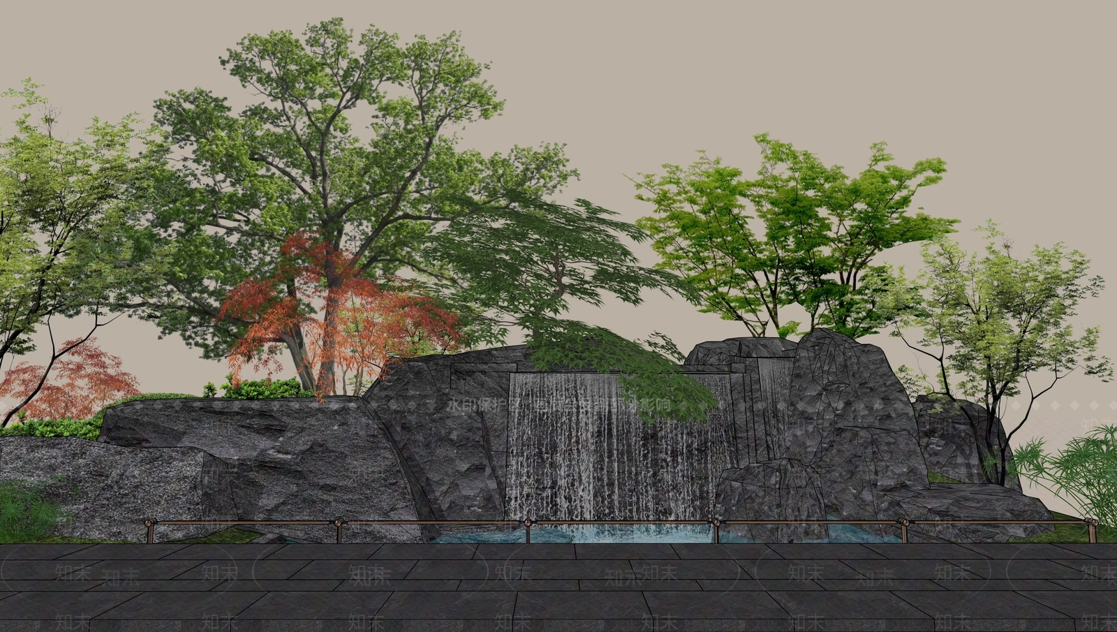 新中式景观跌水SU模型下载【ID:1234127689】