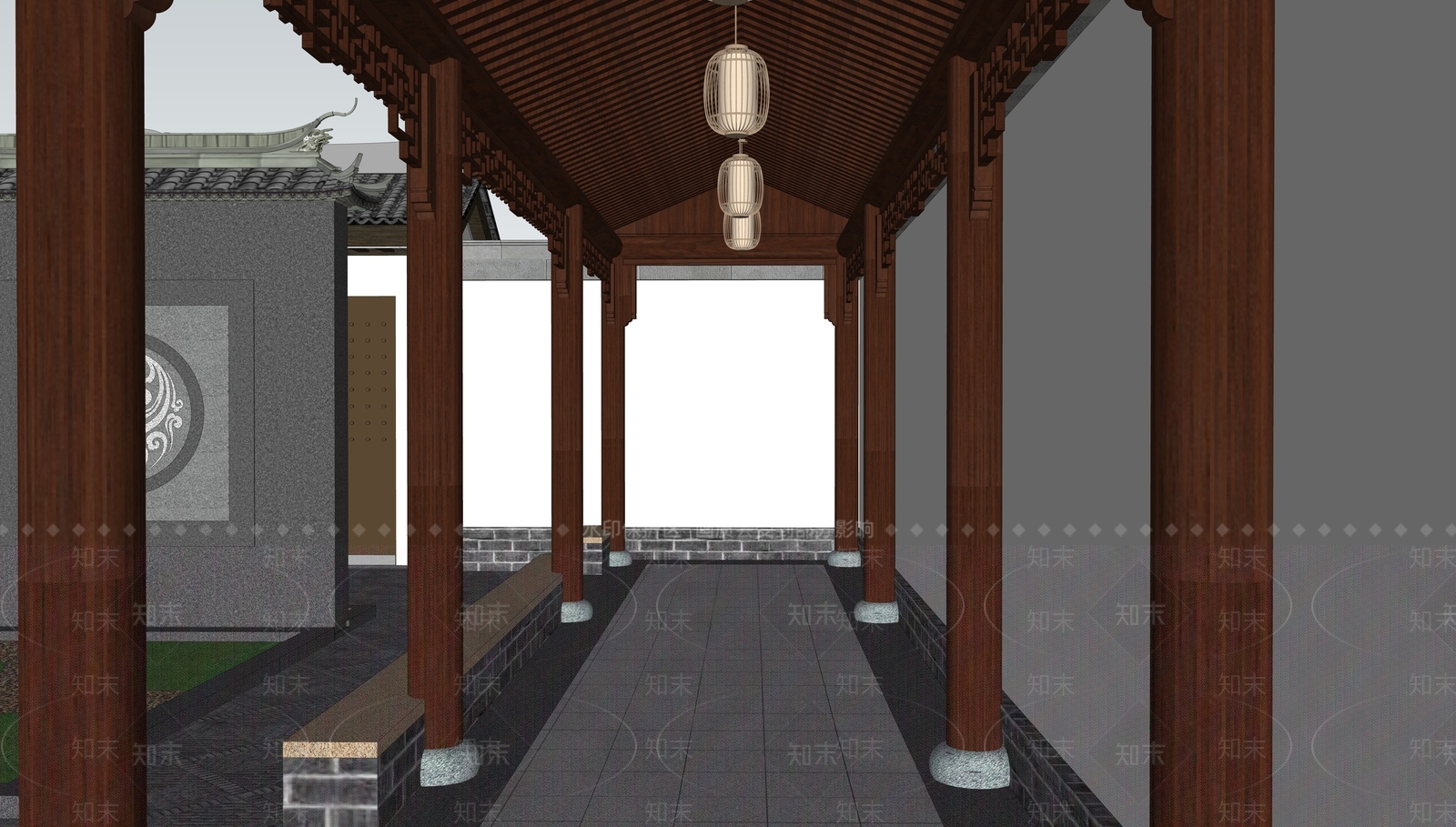 新中式景观景观廊道SU模型下载【ID:1234139880】