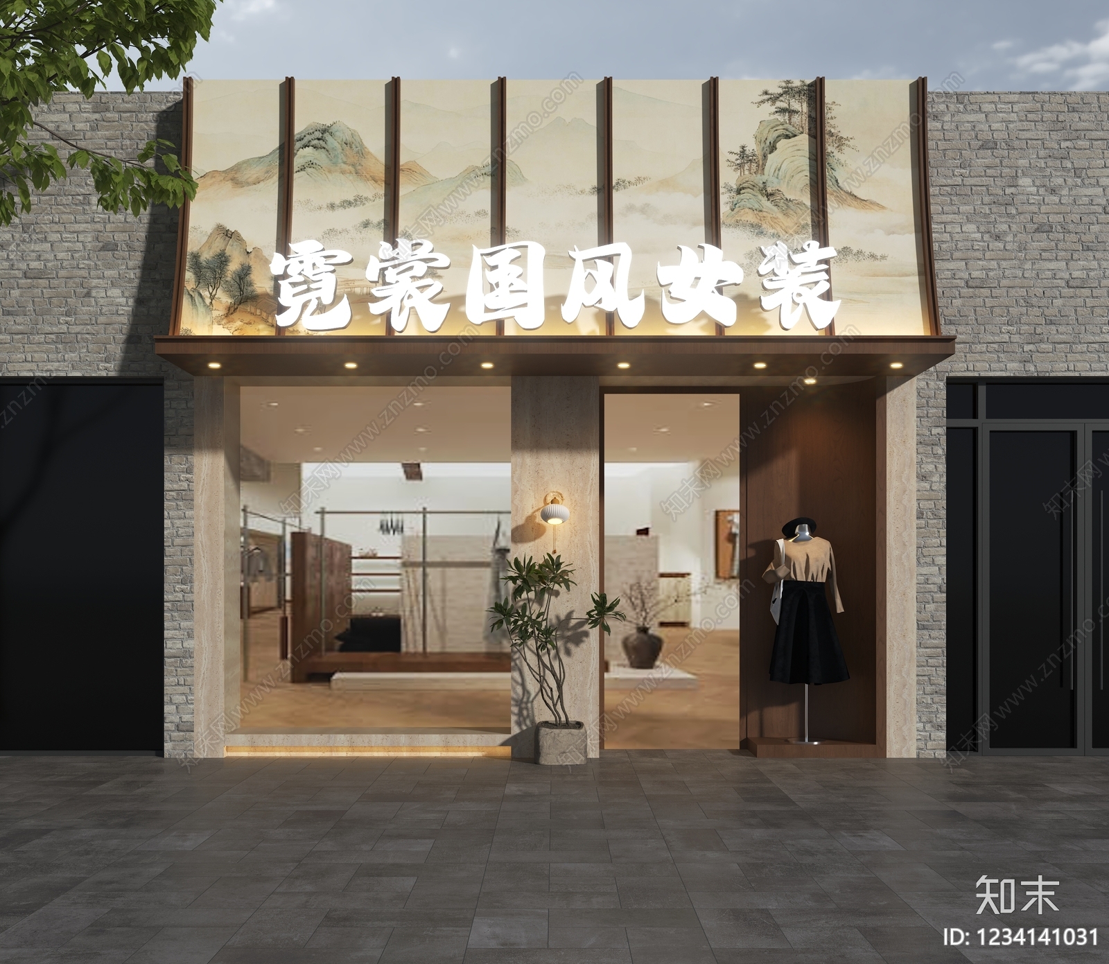 新中式门头3D模型渲染效果图