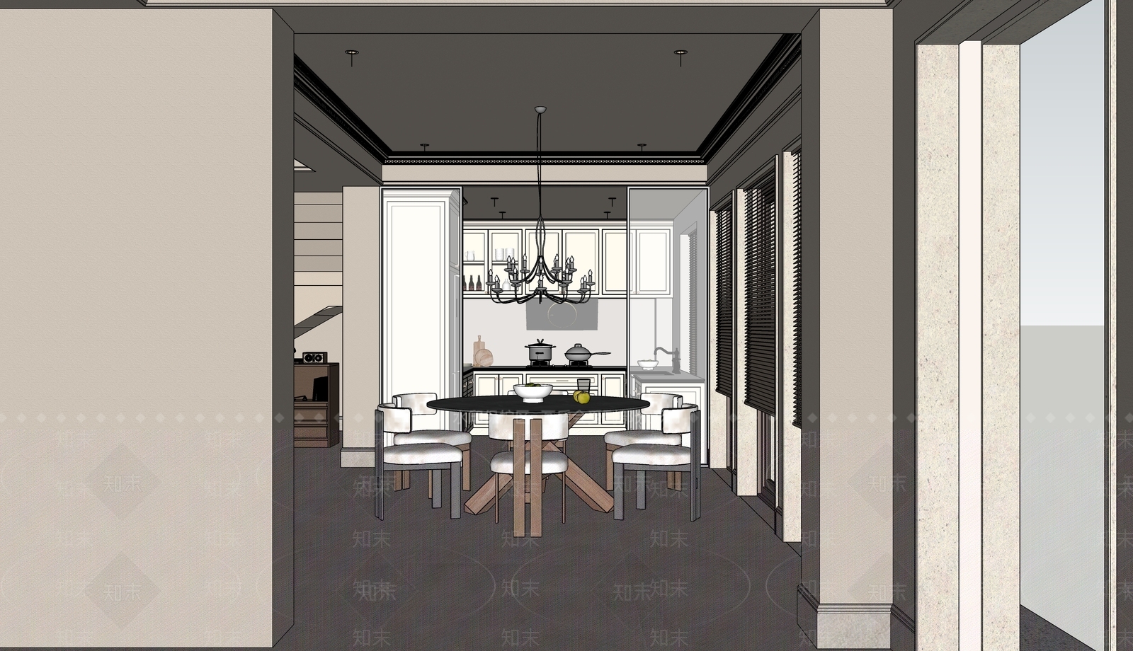 法式岛台餐厅SU模型下载【ID:1234143202】