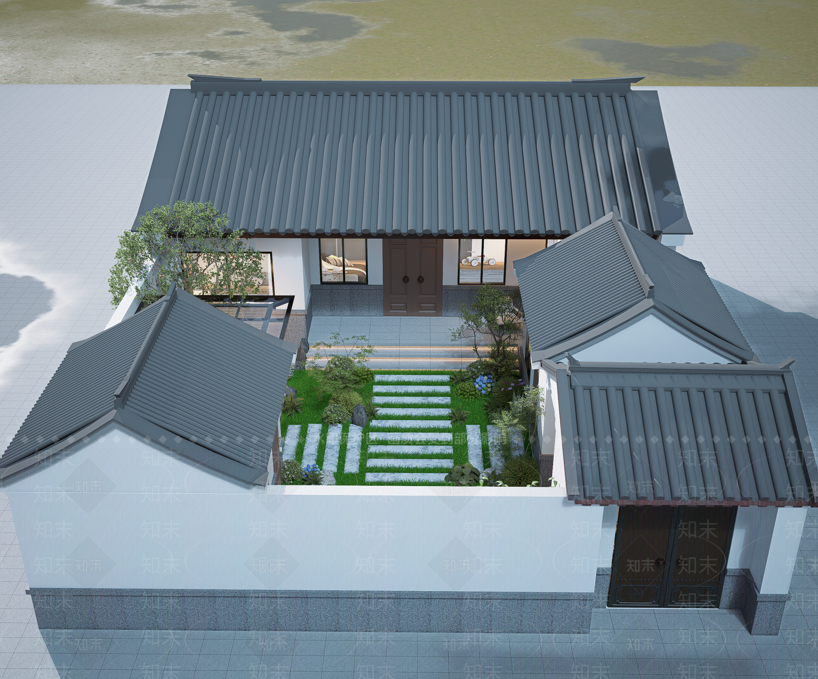 新中式景观别墅庭院SU模型下载【ID:1234164653】