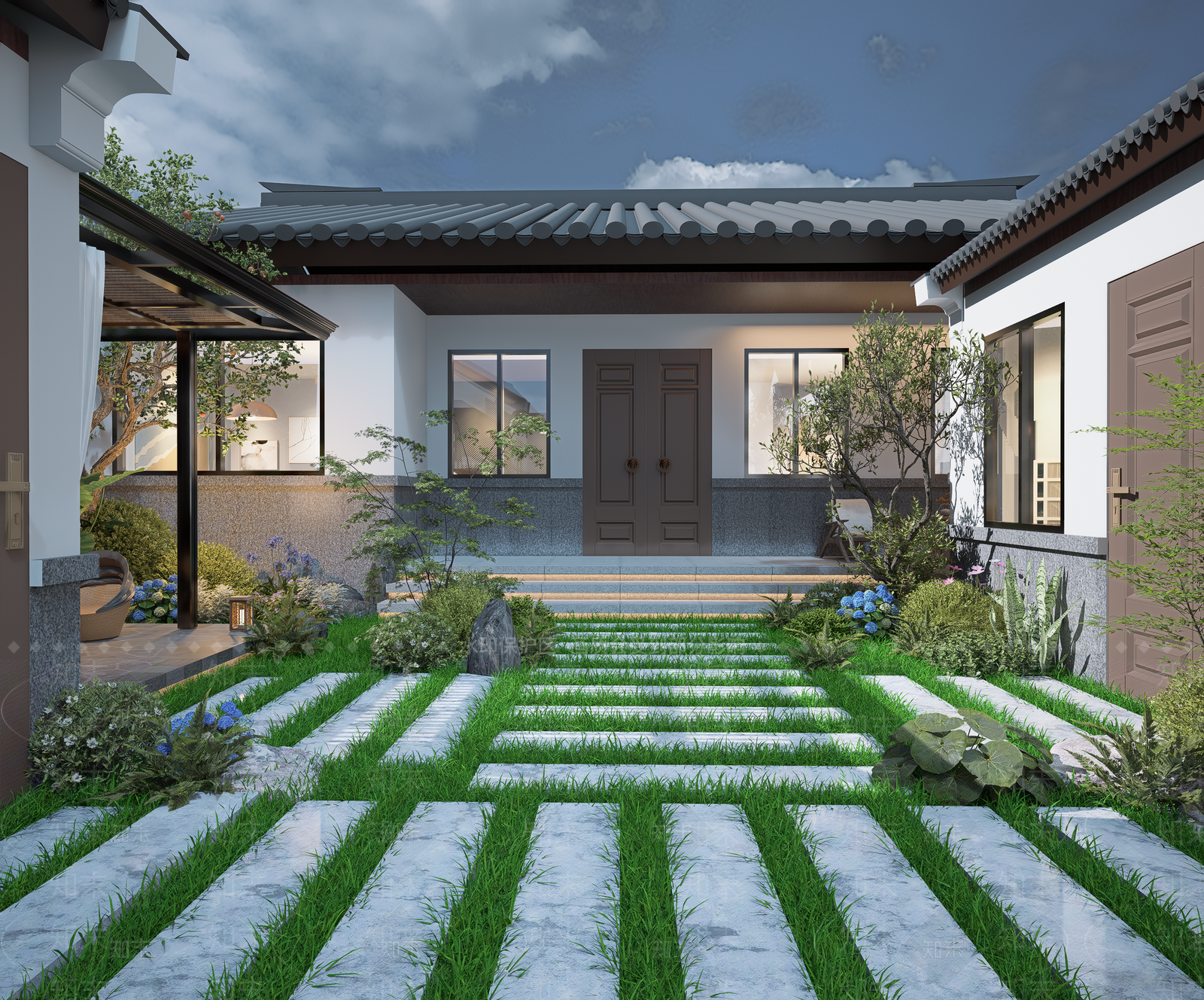 新中式景观别墅庭院SU模型下载【ID:1234164653】
