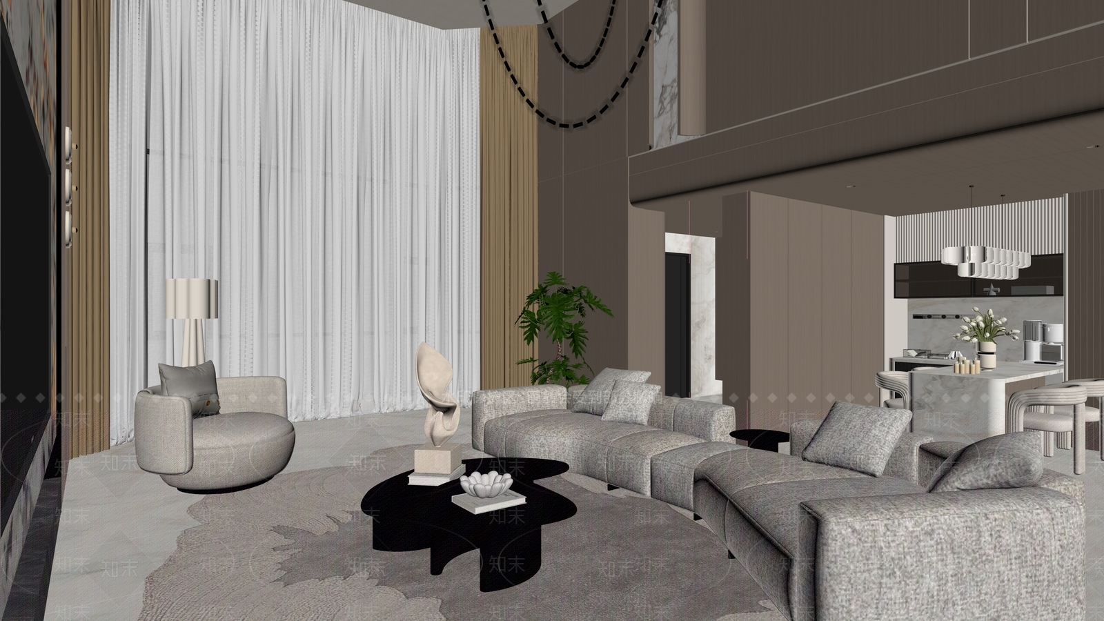 轻奢别墅客餐厅3D模型下载【ID:1234178097】