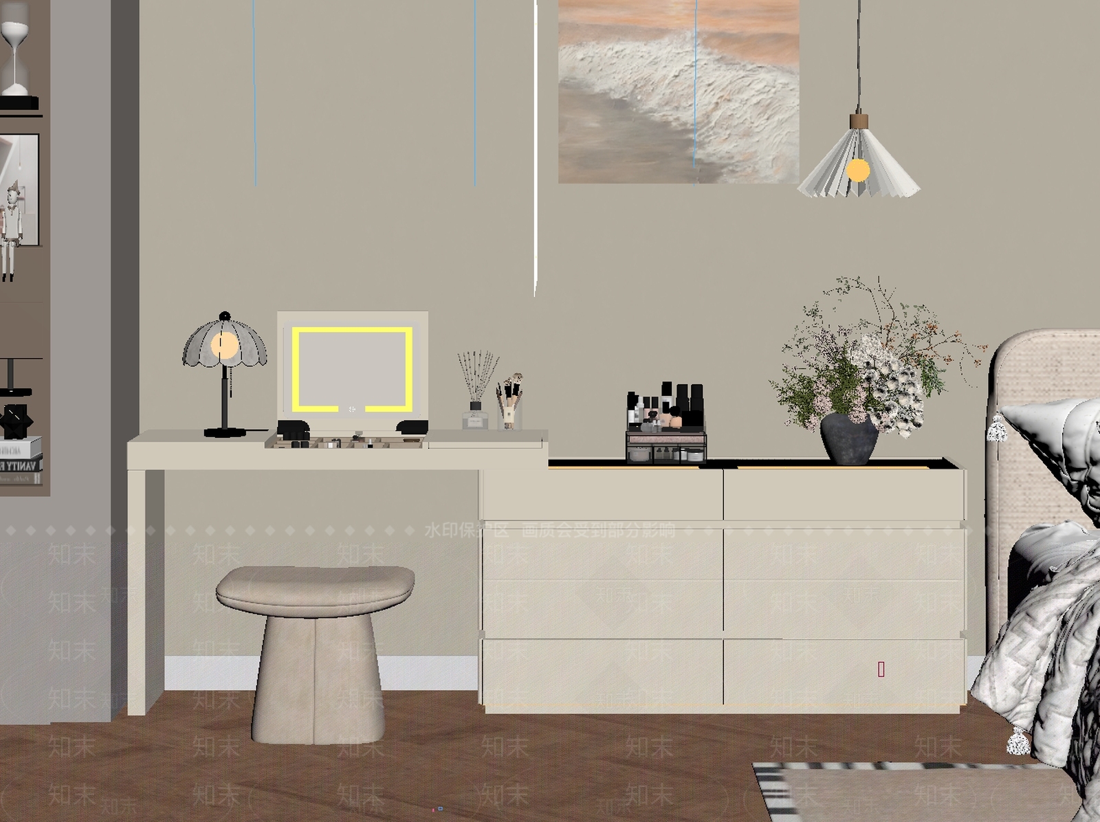 奶油风家居卧室3D模型下载【ID:1234193403】