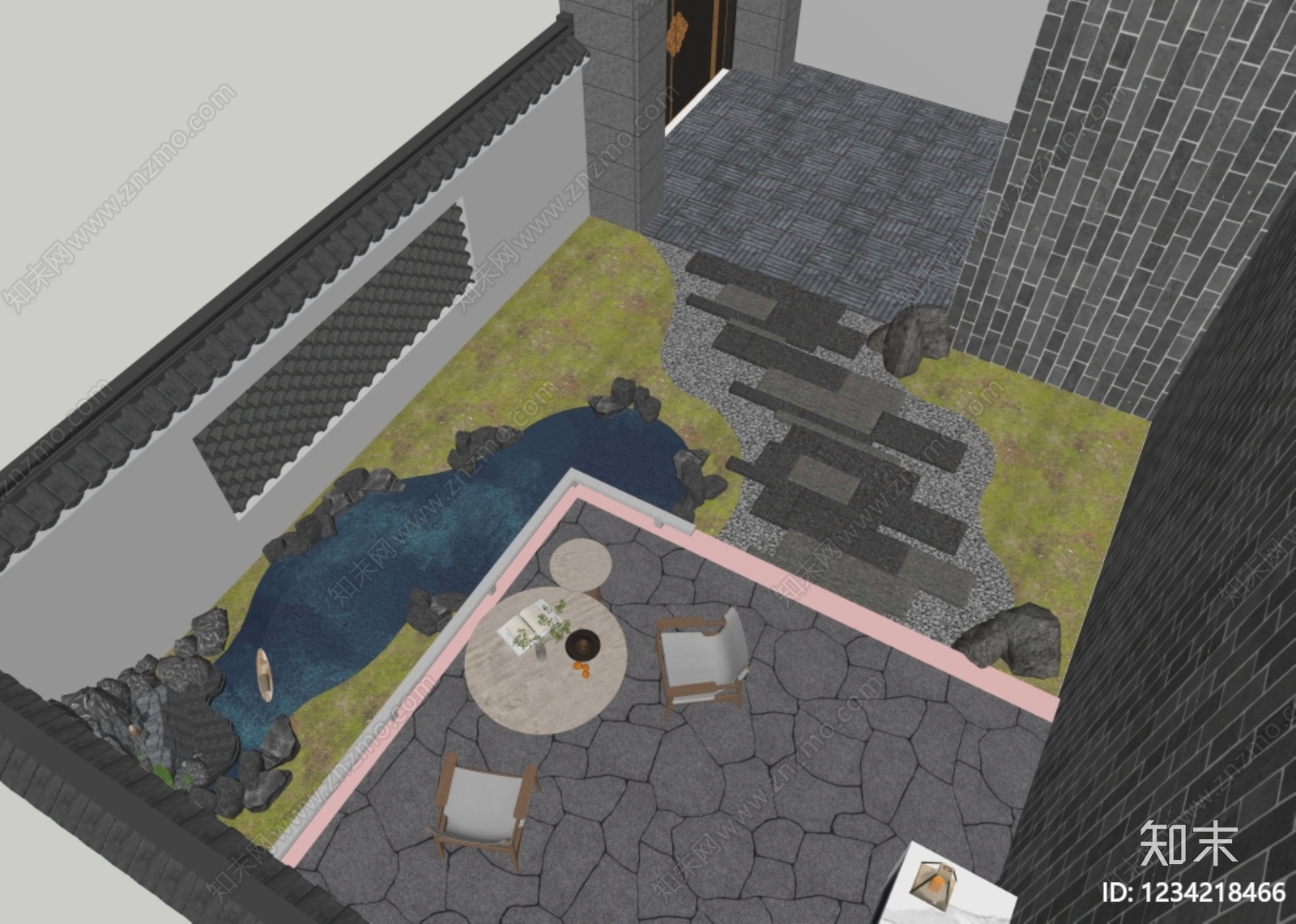 新中式景观别墅庭院SU模型下载【ID:1234218466】