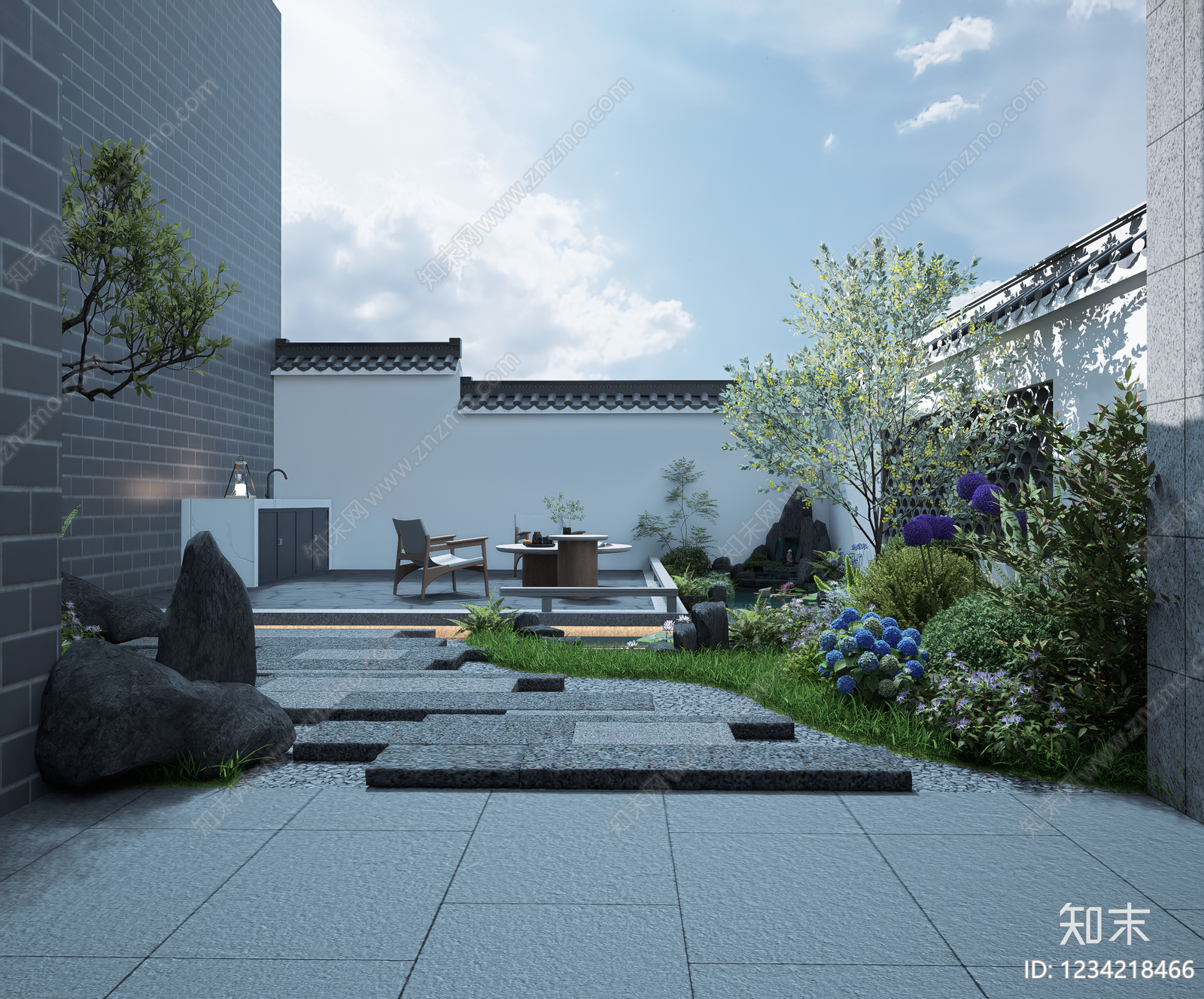 新中式景观别墅庭院SU模型下载【ID:1234218466】