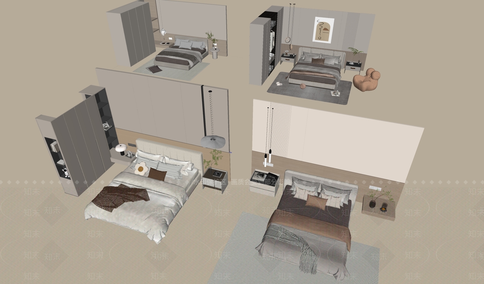 奶油风家居卧室3D模型下载【ID:1234219082】