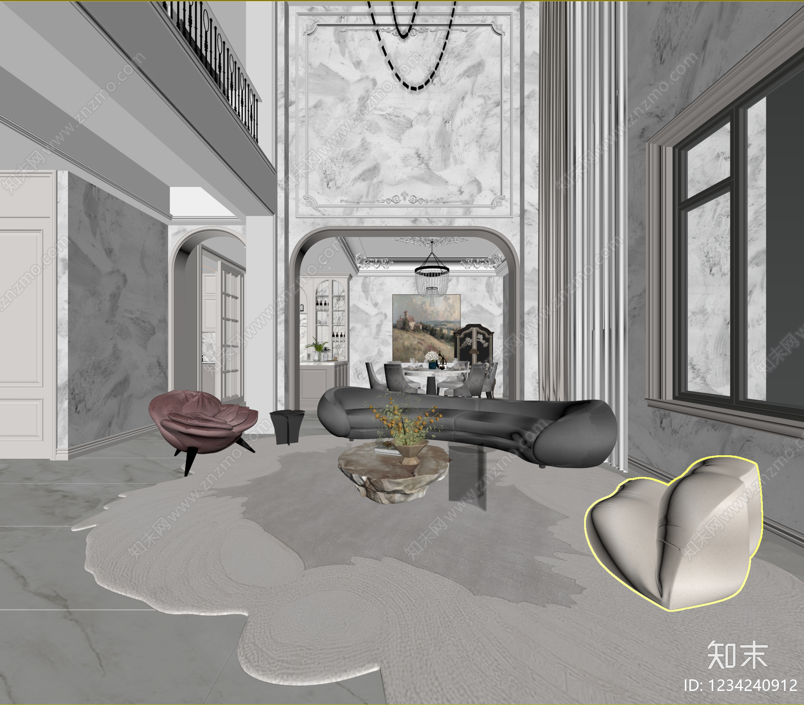 法式别墅客餐厅3D模型下载【ID:1234240912】