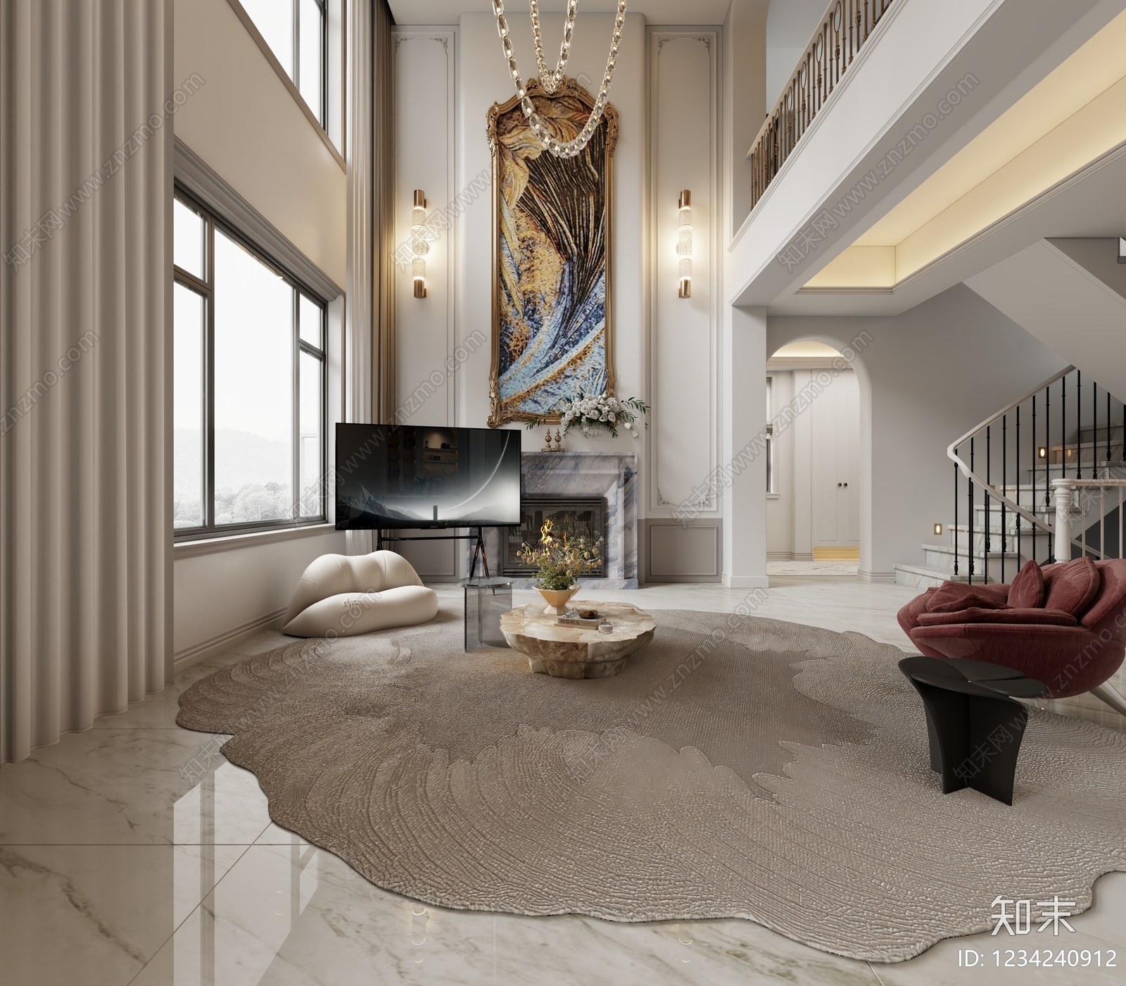 法式别墅客餐厅3D模型下载【ID:1234240912】