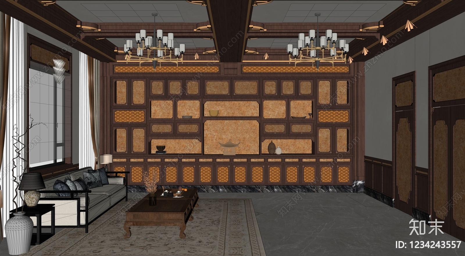 新中式别墅客厅SU模型下载【ID:1234243557】