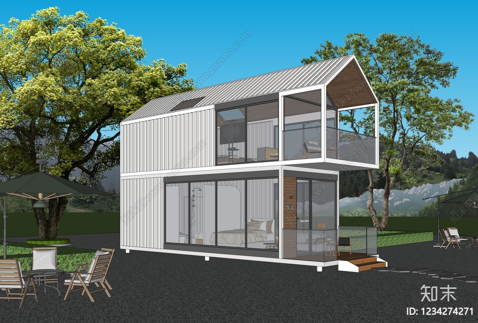 现代简约民宿建筑SU模型下载【ID:1234274271】